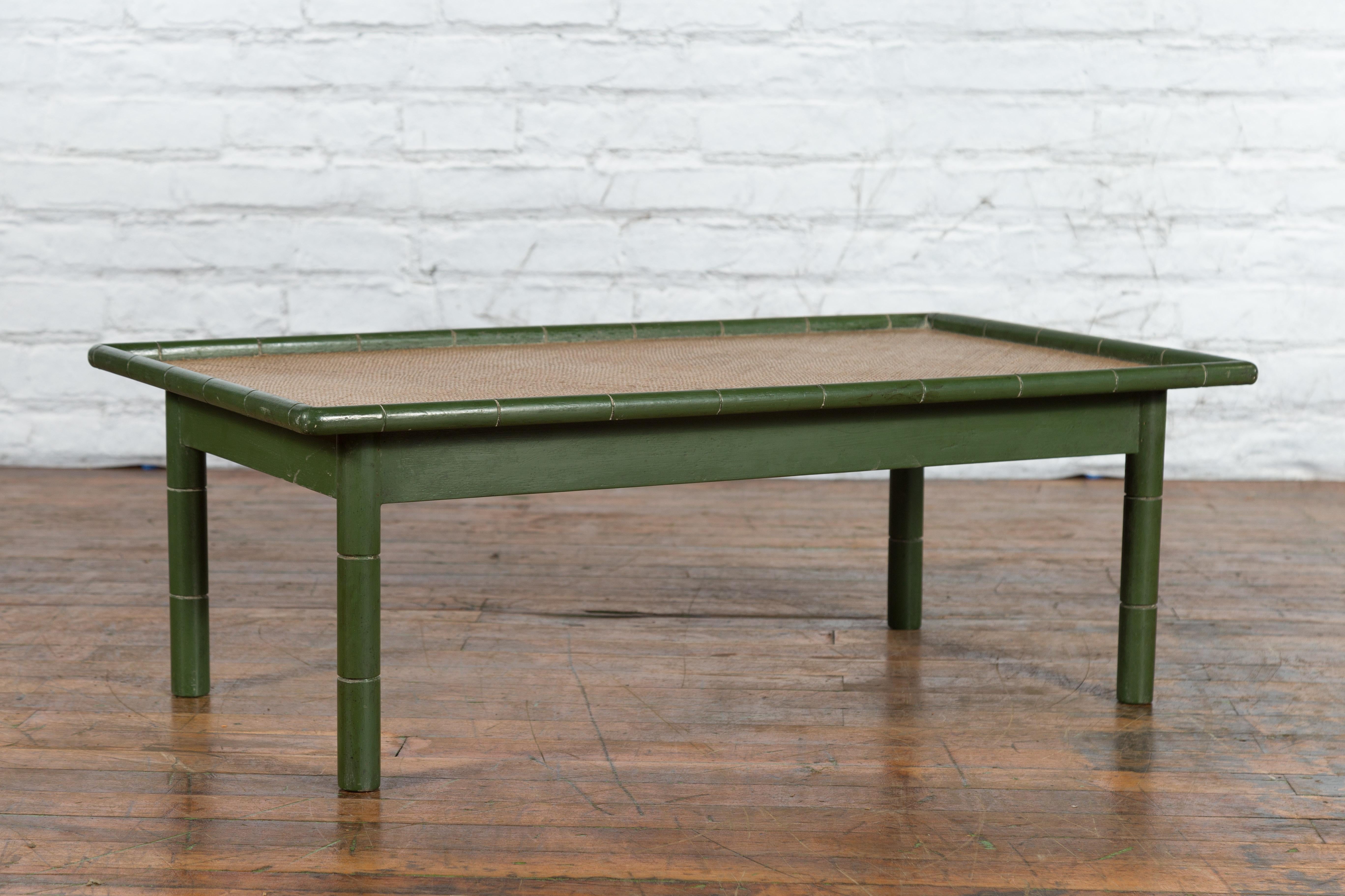 Vintage Thai Green Painted Faux Bamboo Coffee Table with Woven Rattan Top For Sale 5