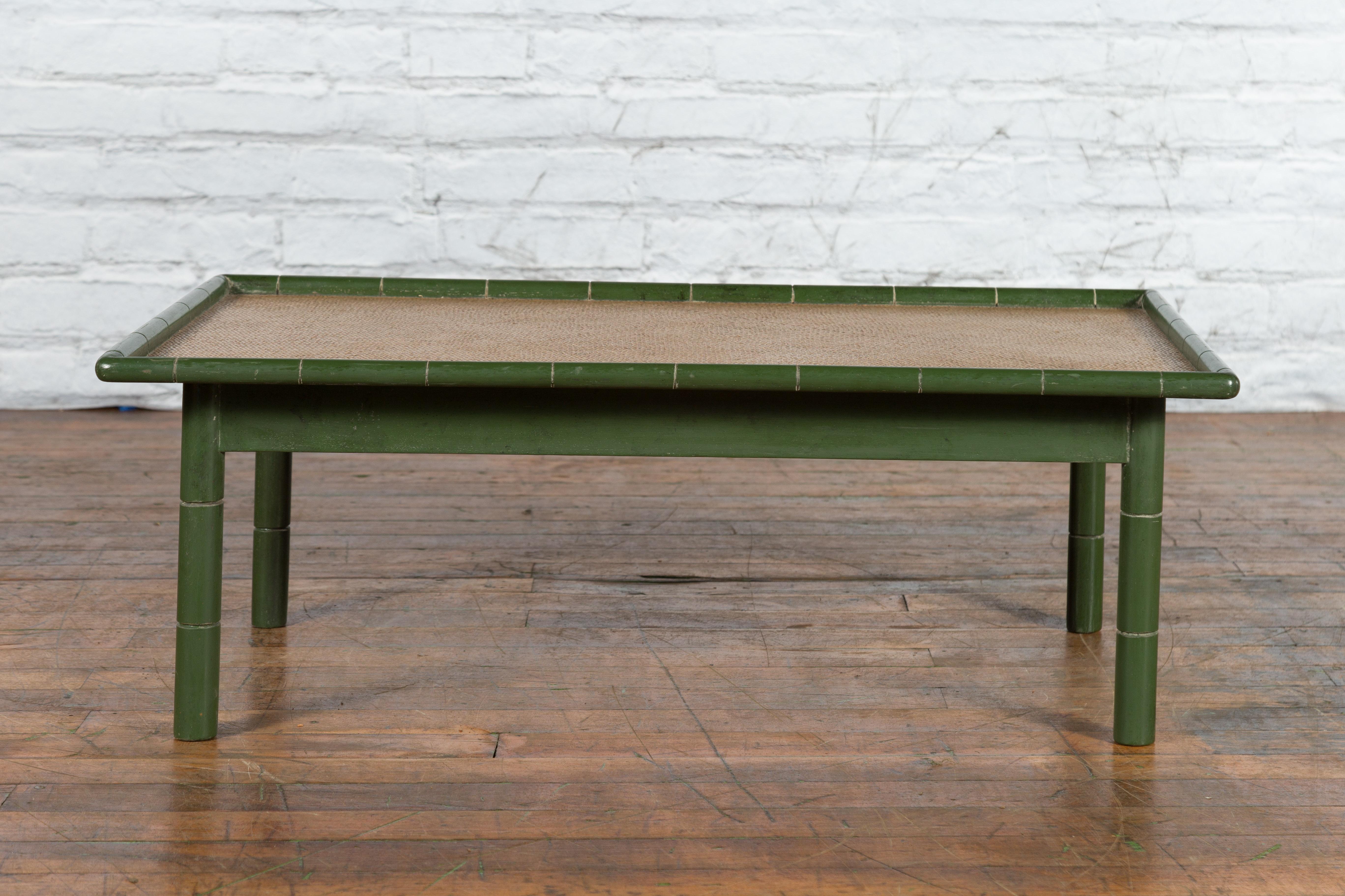 Vintage Thai Green Painted Faux Bamboo Coffee Table with Woven Rattan Top For Sale 8