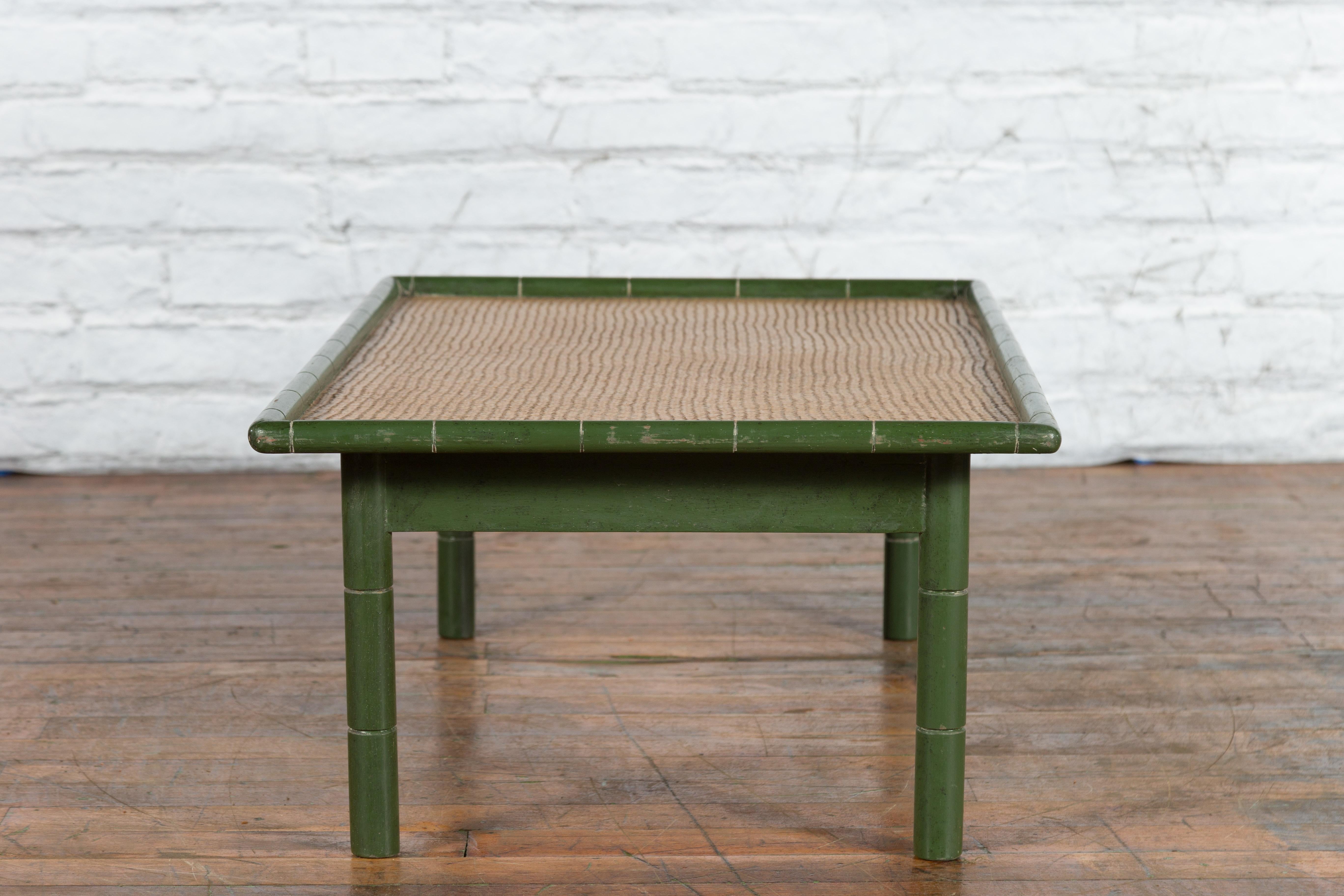 Vintage Thai Green Painted Faux Bamboo Coffee Table with Woven Rattan Top For Sale 9