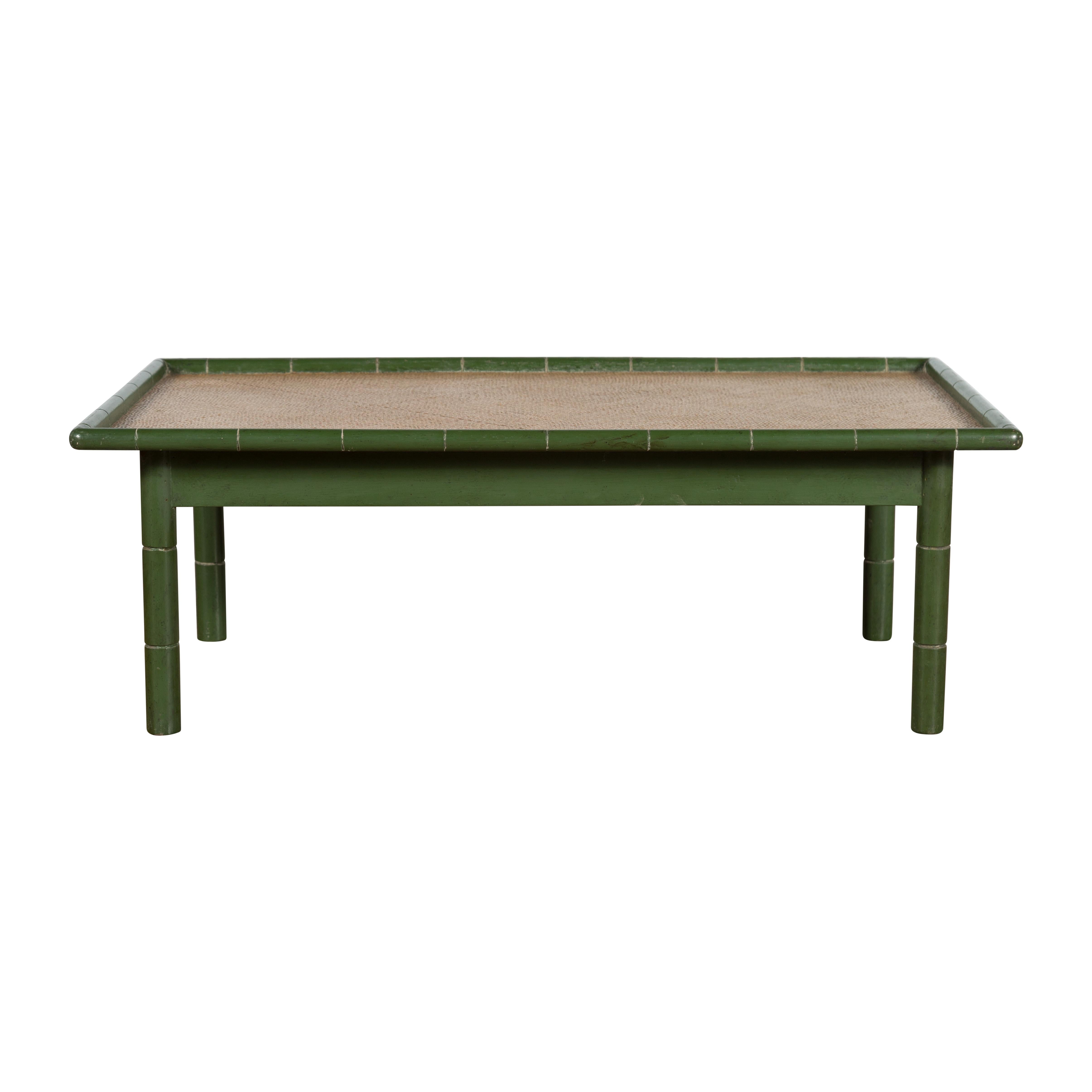 Vintage Thai Green Painted Faux Bamboo Coffee Table with Woven Rattan Top For Sale 10