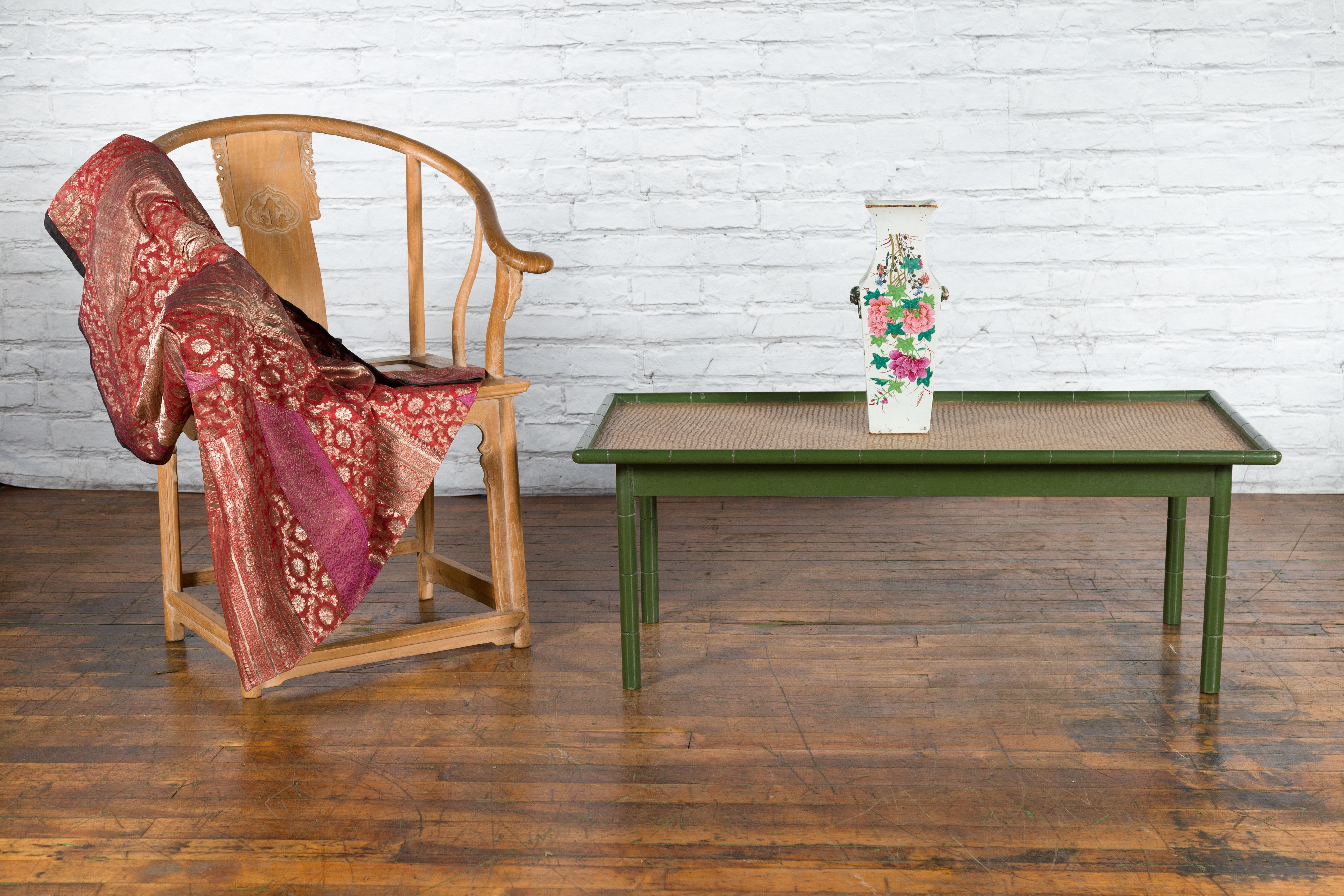 Mid-Century Modern Vintage Thai Green Painted Faux Bamboo Coffee Table with Woven Rattan Top For Sale