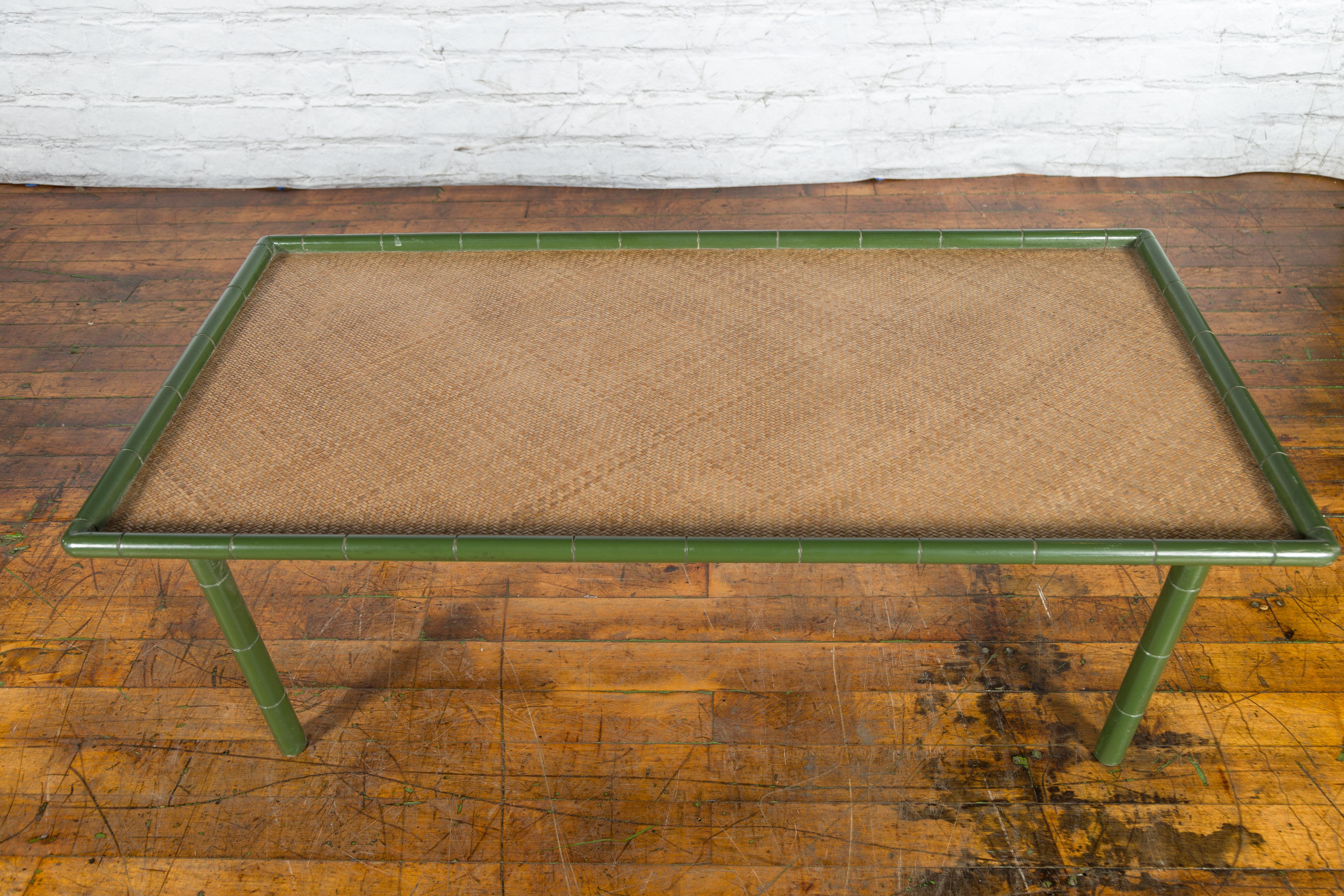 Vintage Thai Green Painted Faux Bamboo Coffee Table with Woven Rattan Top For Sale 2