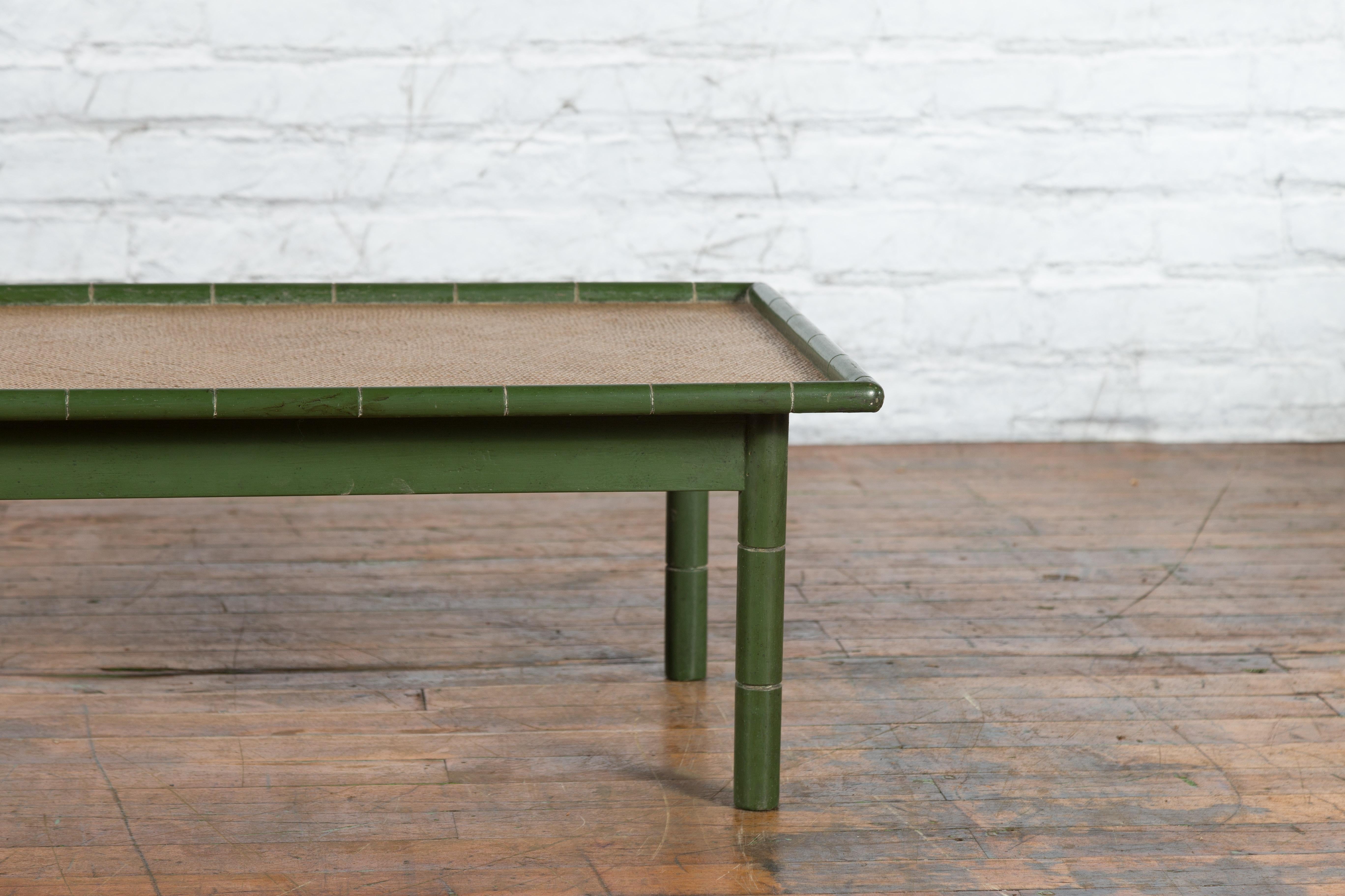 20th Century Vintage Thai Green Painted Faux Bamboo Coffee Table with Woven Rattan Top For Sale
