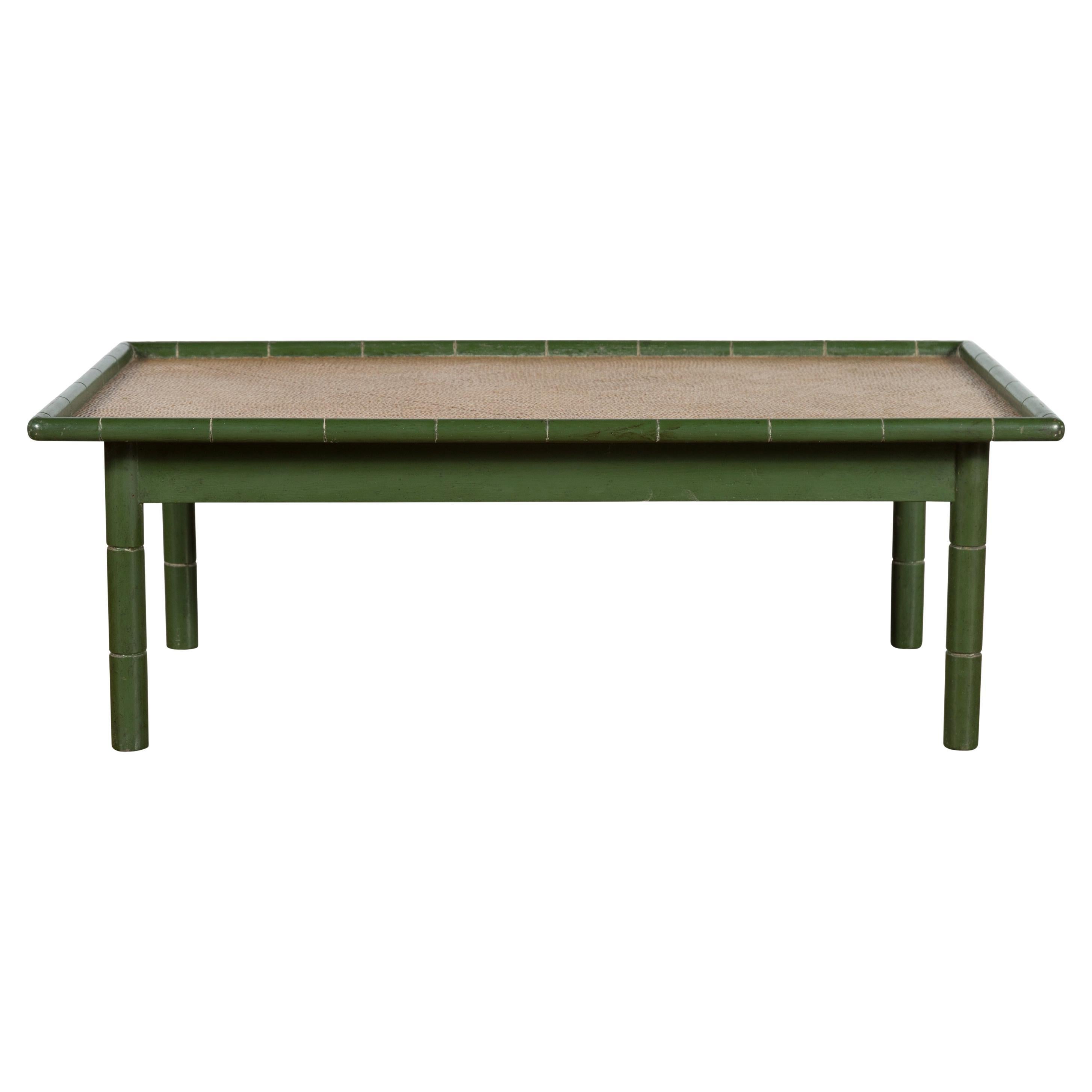 Vintage Thai Green Painted Faux Bamboo Coffee Table with Woven Rattan Top