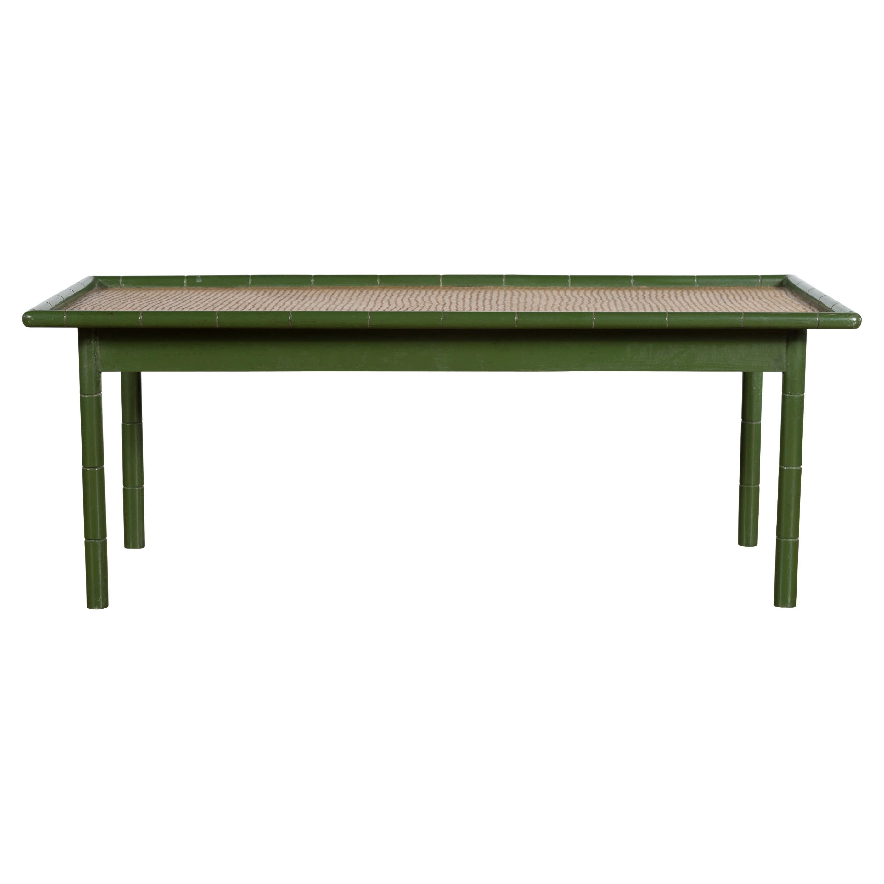 Vintage Thai Green Painted Faux Bamboo Coffee Table with Woven Rattan Top For Sale