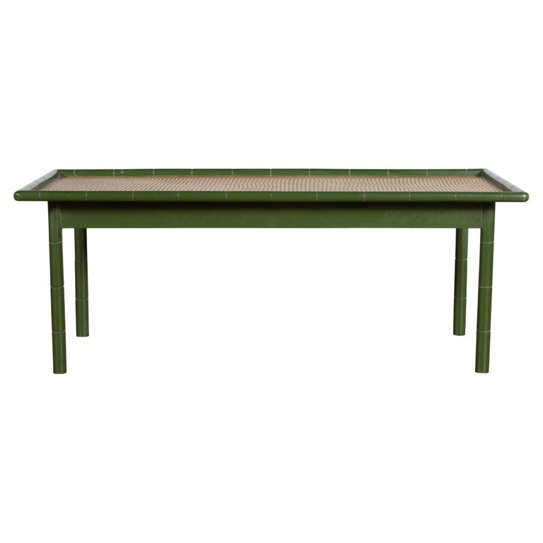 Vintage Thai Green Painted Faux Bamboo Coffee Table with Woven Rattan Top  For Sale at 1stDibs