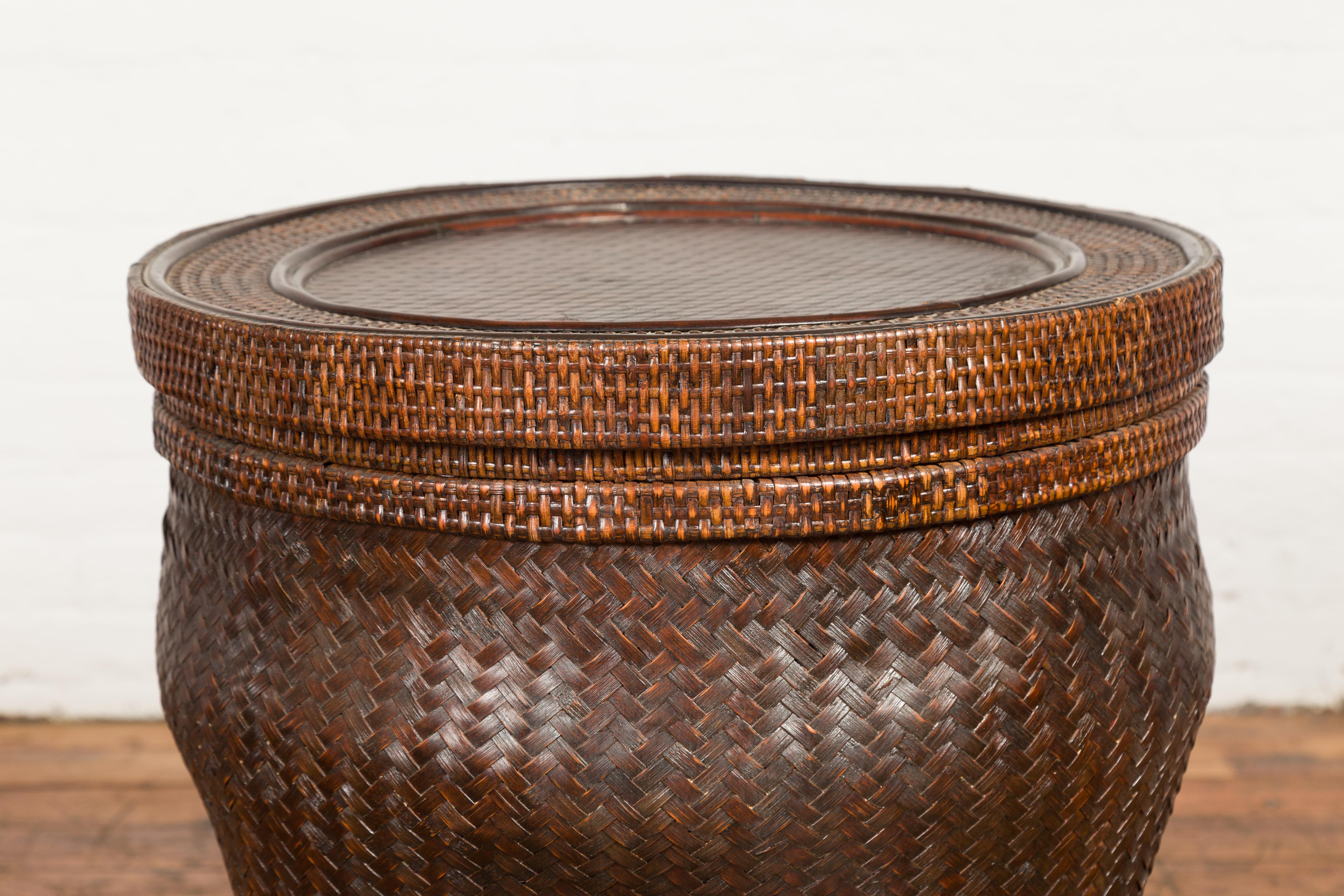 20th Century Vintage Thai Hand-Woven Rattan and Bamboo Storage Basket with Brown Patina