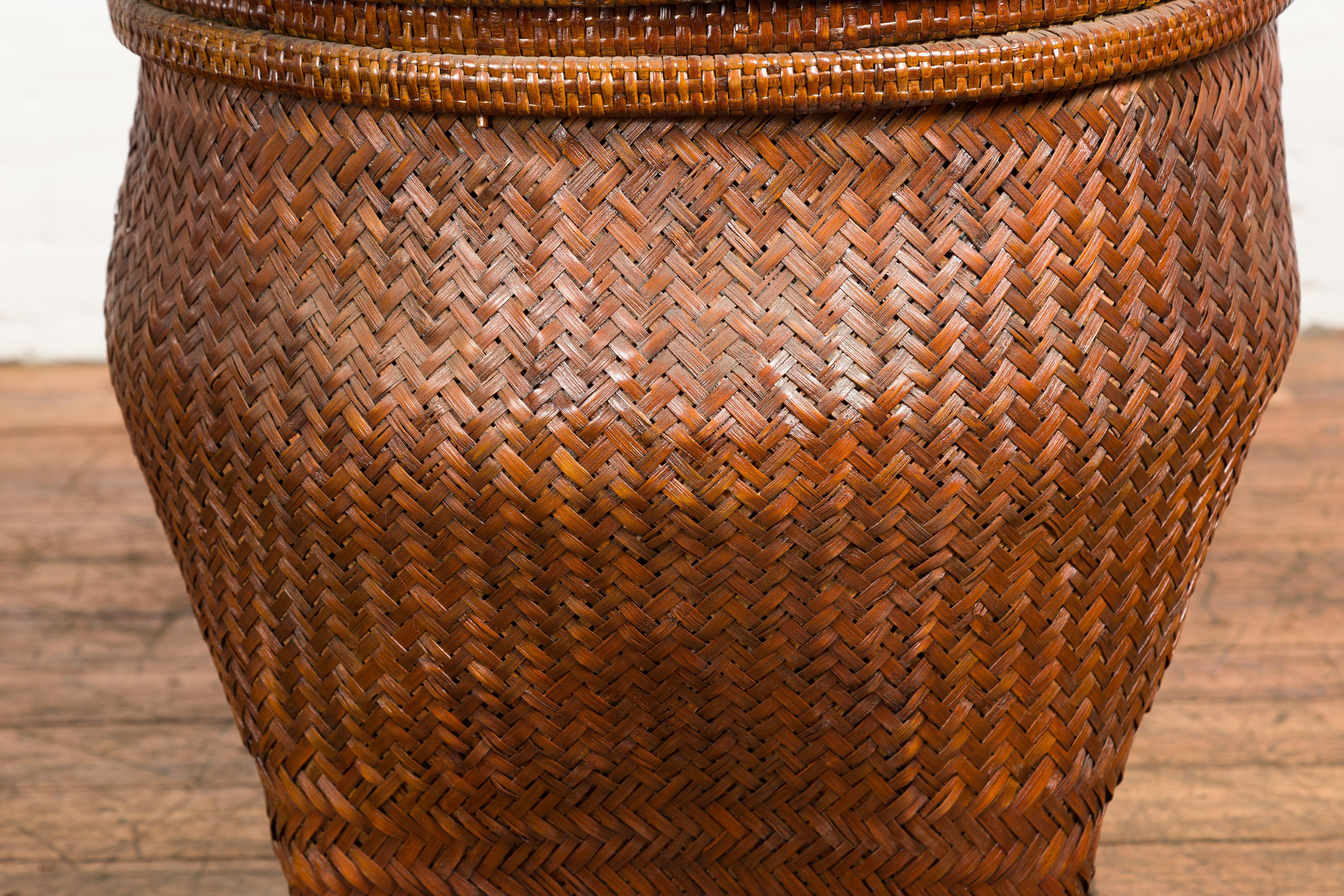 Vintage Thai Hand-Woven Rattan and Bamboo Storage Basket with Brown Patina 1