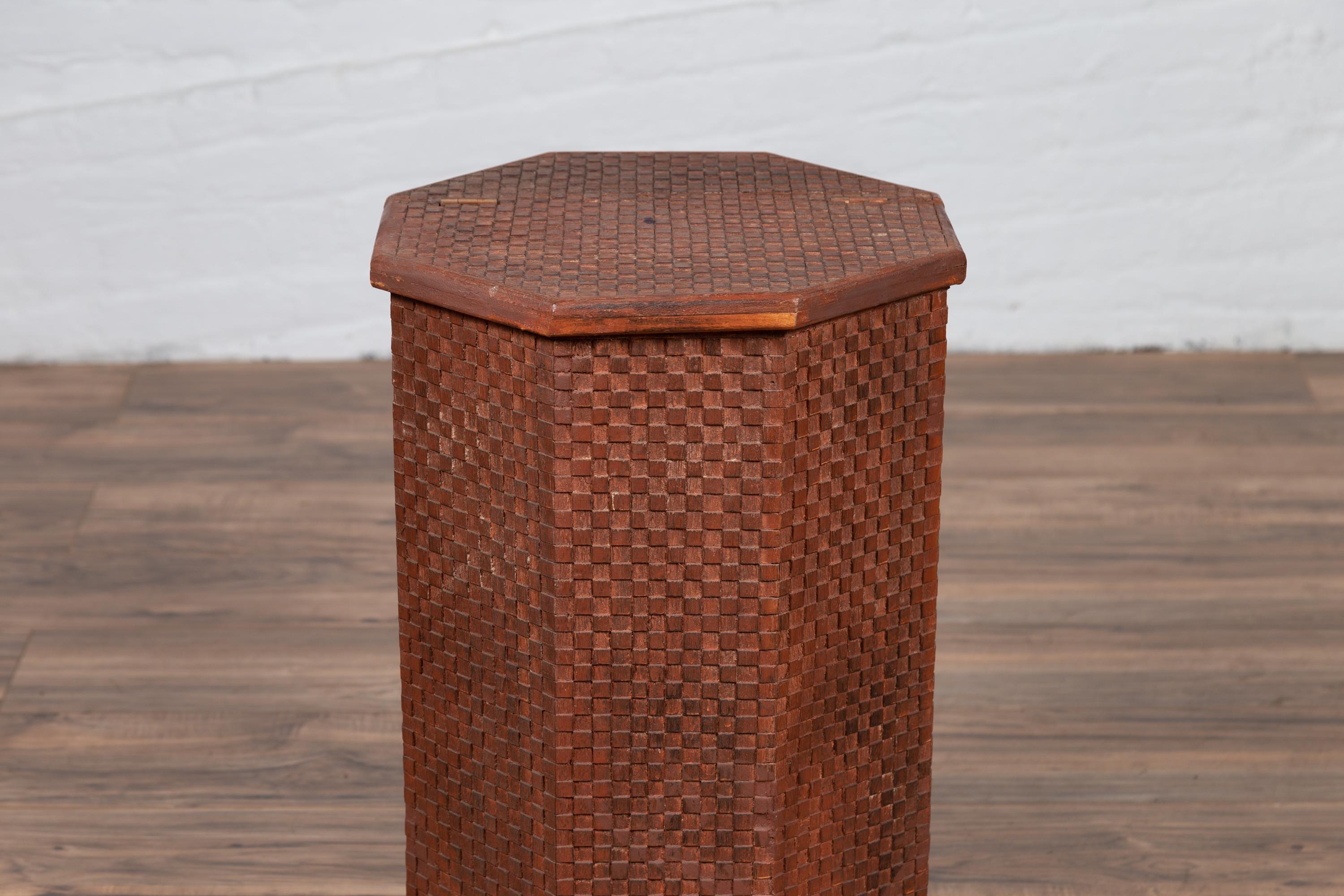 Carved Vintage Thai Hexagonal Wooden Clothes Hamper with Checkered Patterns