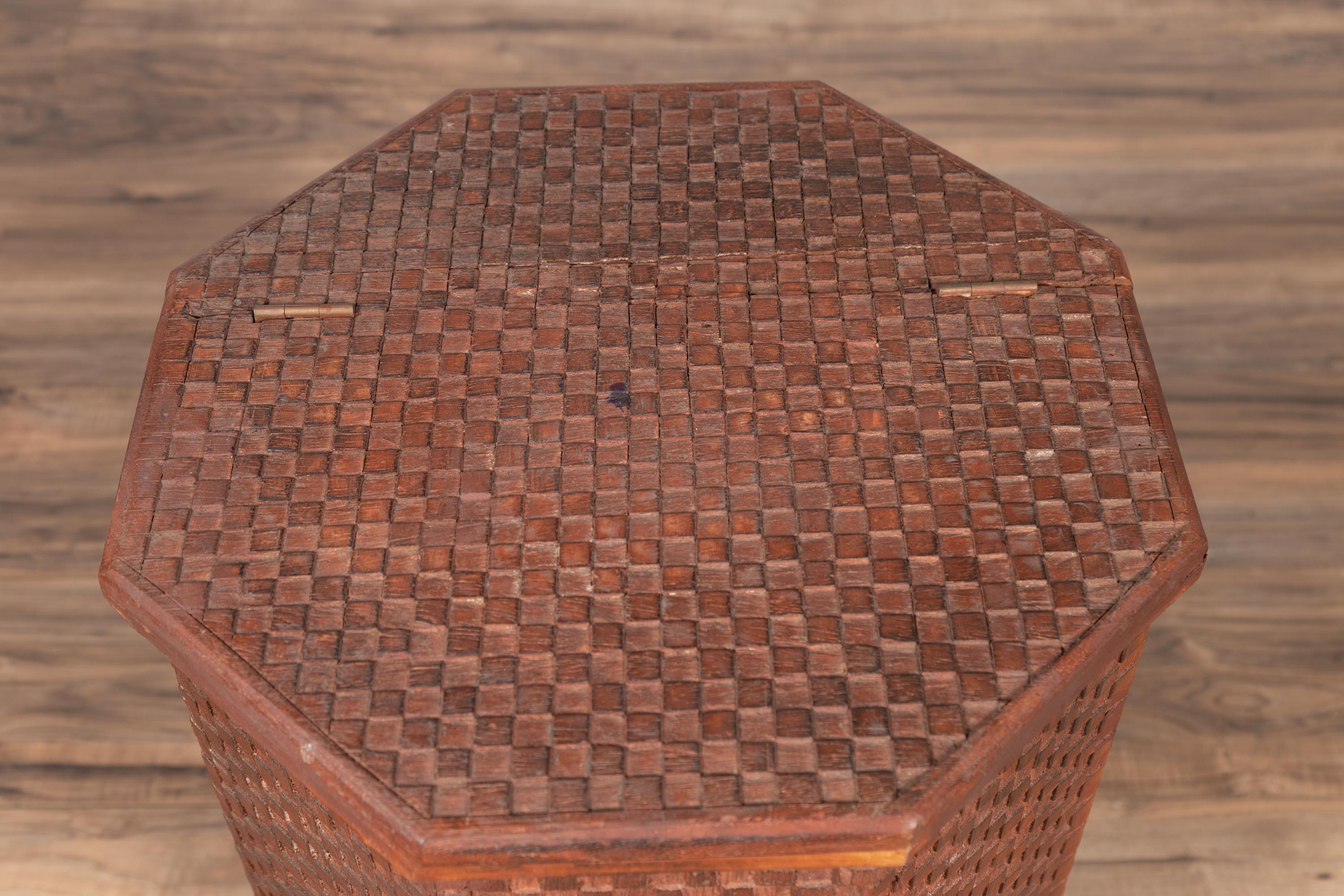 20th Century Vintage Thai Hexagonal Wooden Clothes Hamper with Checkered Patterns
