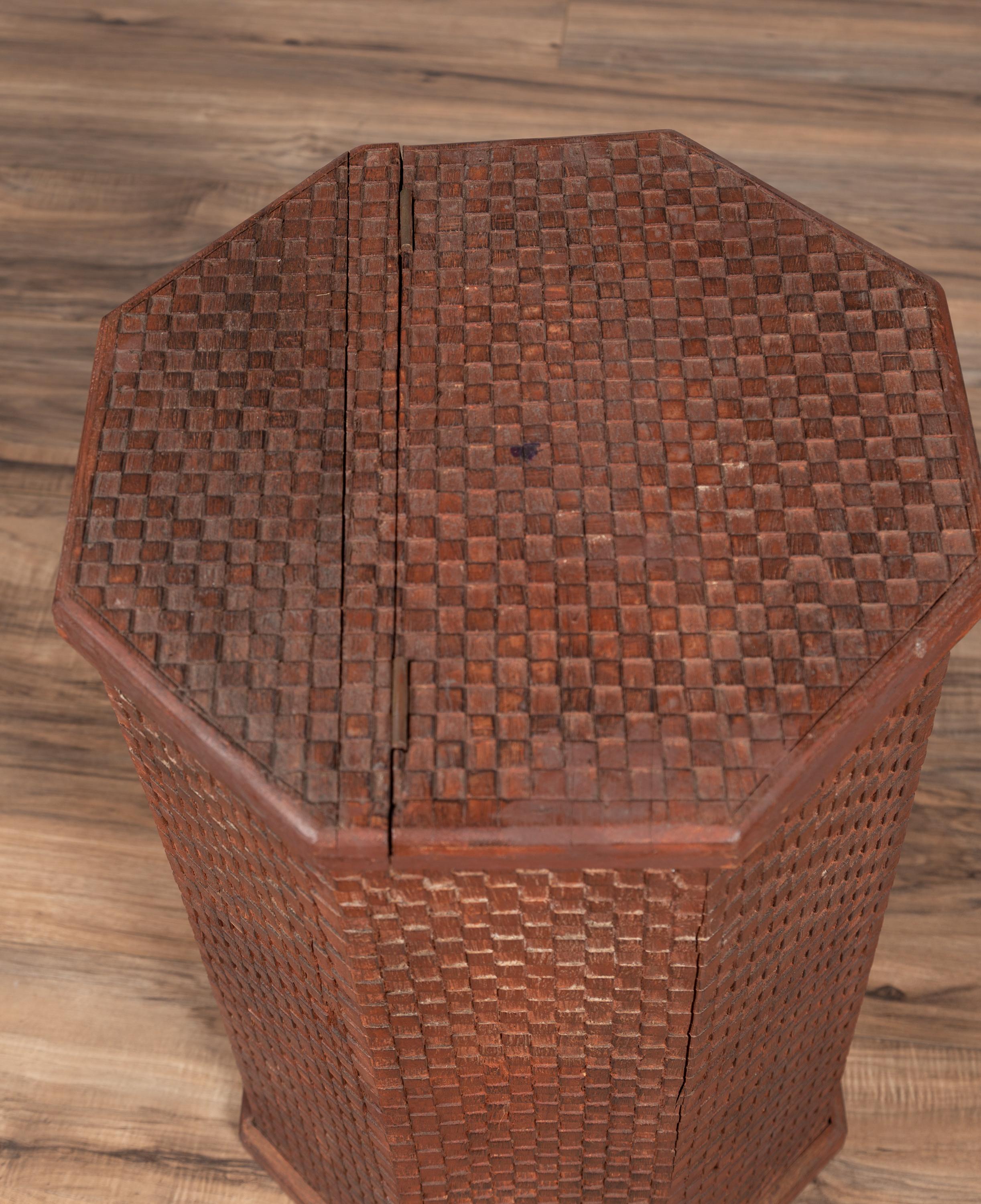 Vintage Thai Hexagonal Wooden Clothes Hamper with Checkered Patterns 4