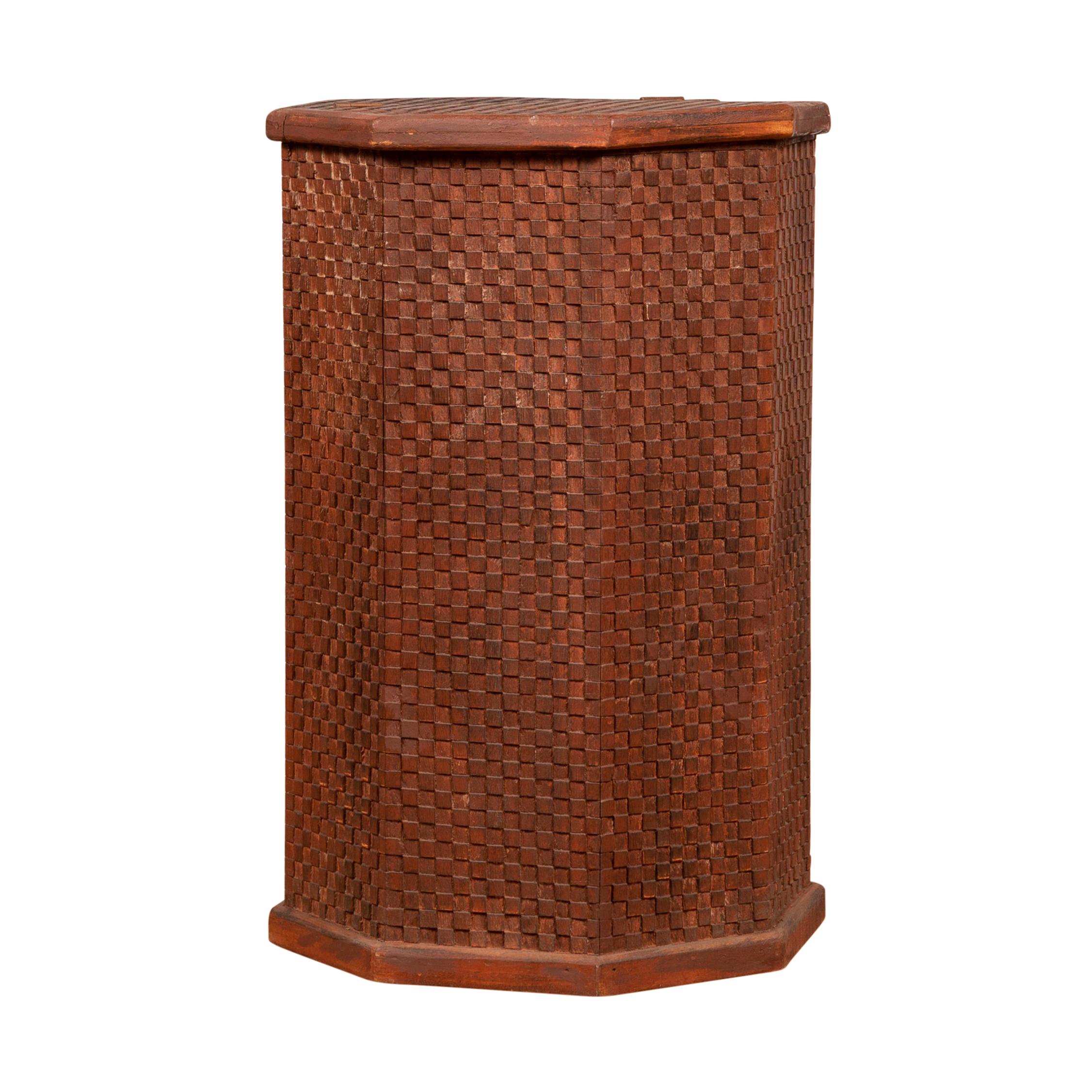 Vintage Thai Hexagonal Wooden Clothes Hamper with Checkered Patterns