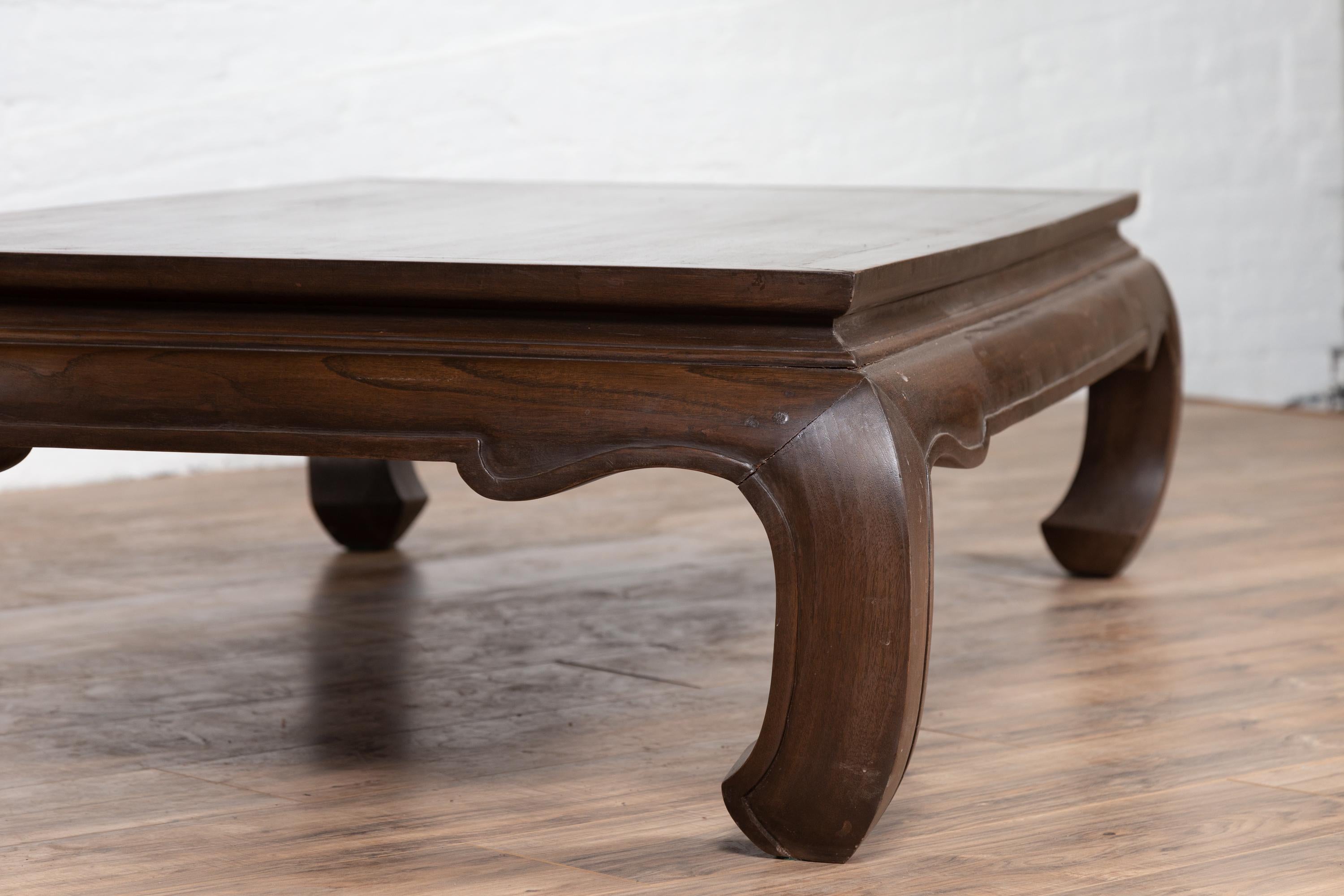 Wood Vintage Thai Opium Bed Style Waisted Coffee Table with Dark Patina and Chow Legs