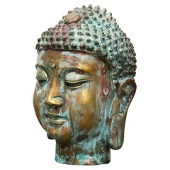 Vintage Thai Outdoor Partly Verdigris Oxidated Bronze Buddha Head