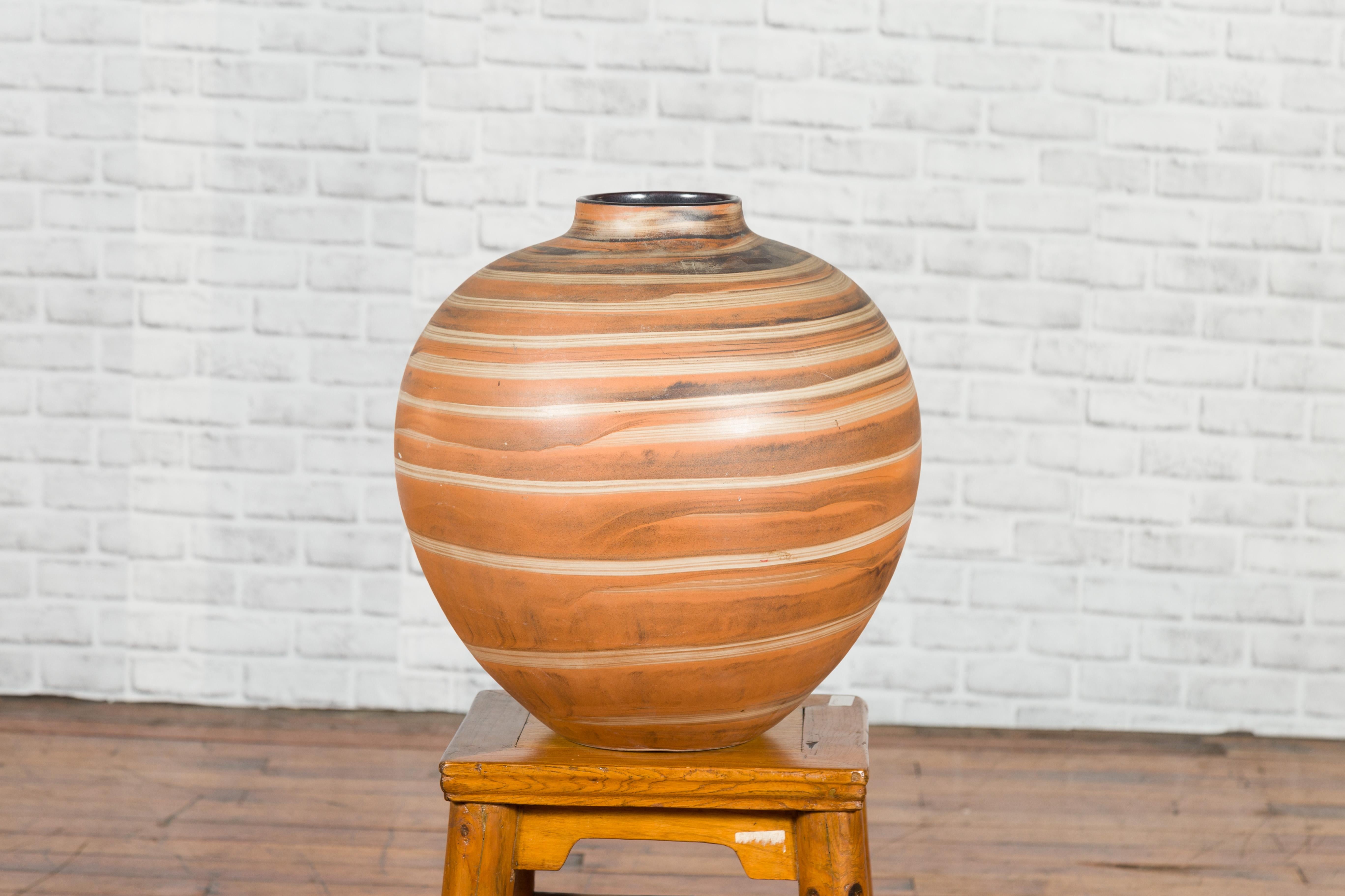 Vintage Thai Prem Collection Striped Jar from Chiang Mai with Spiral Decor For Sale 4