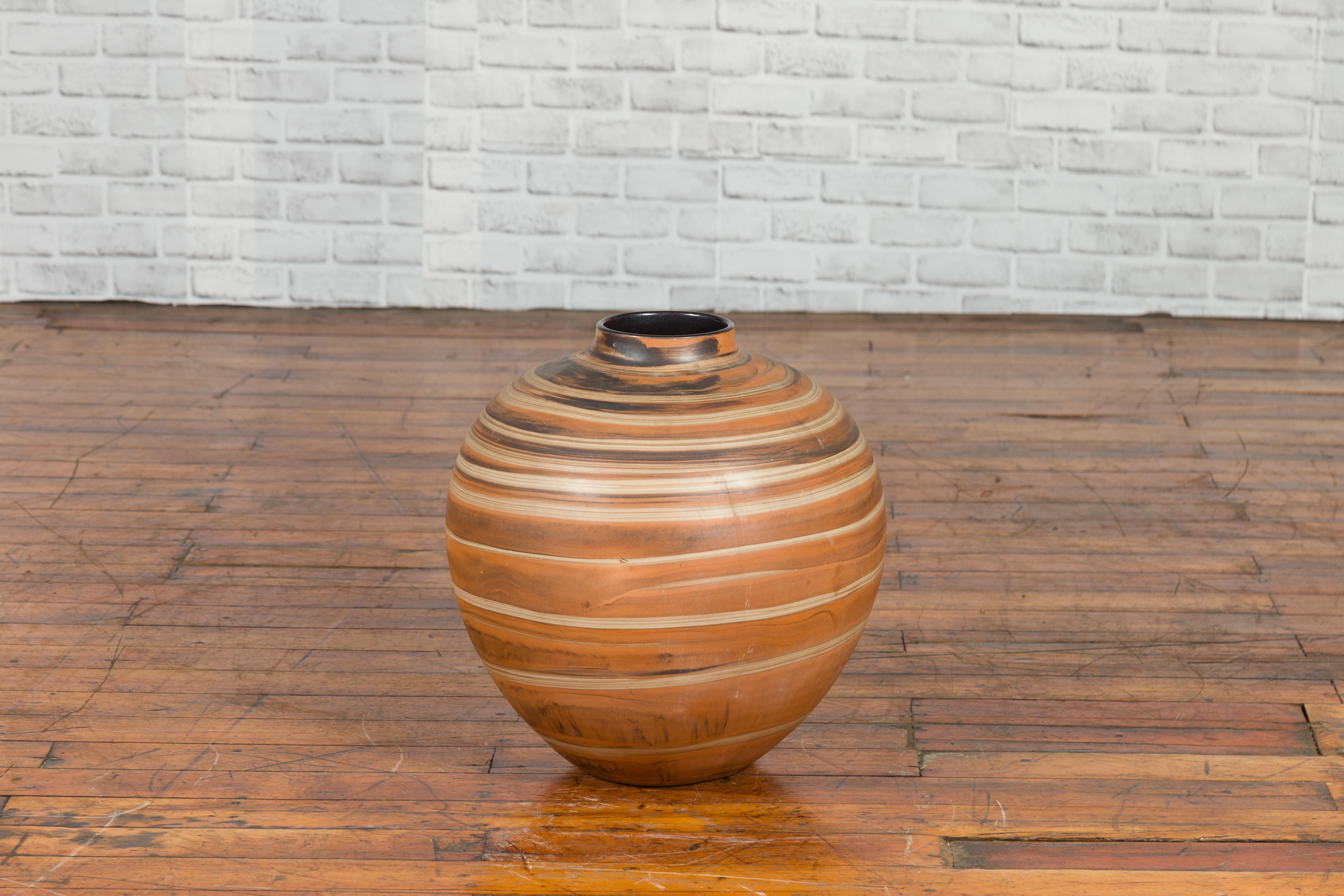 Ceramic Vintage Thai Prem Collection Striped Jar from Chiang Mai with Spiral Decor For Sale