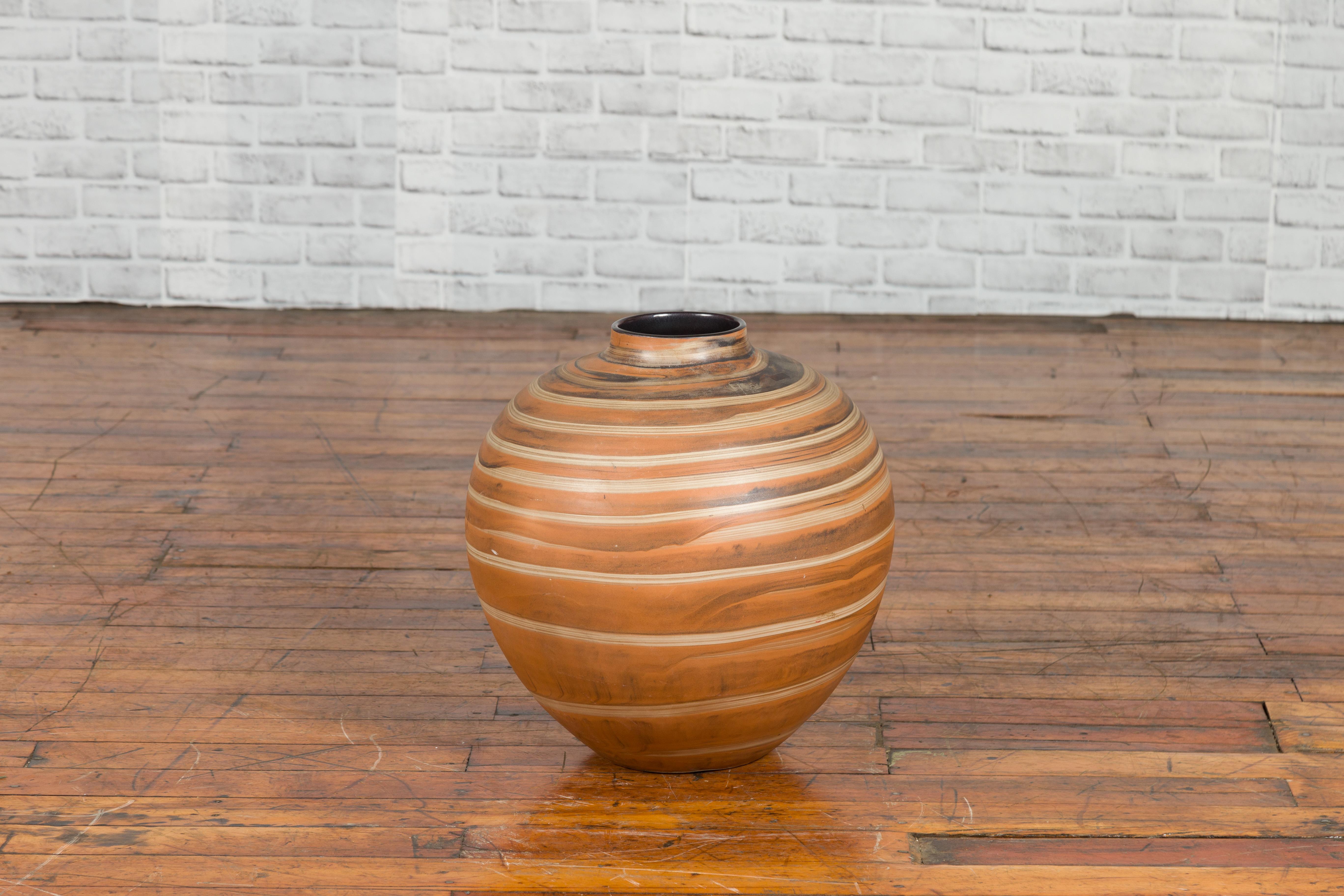Vintage Thai Prem Collection Striped Jar from Chiang Mai with Spiral Decor For Sale 1