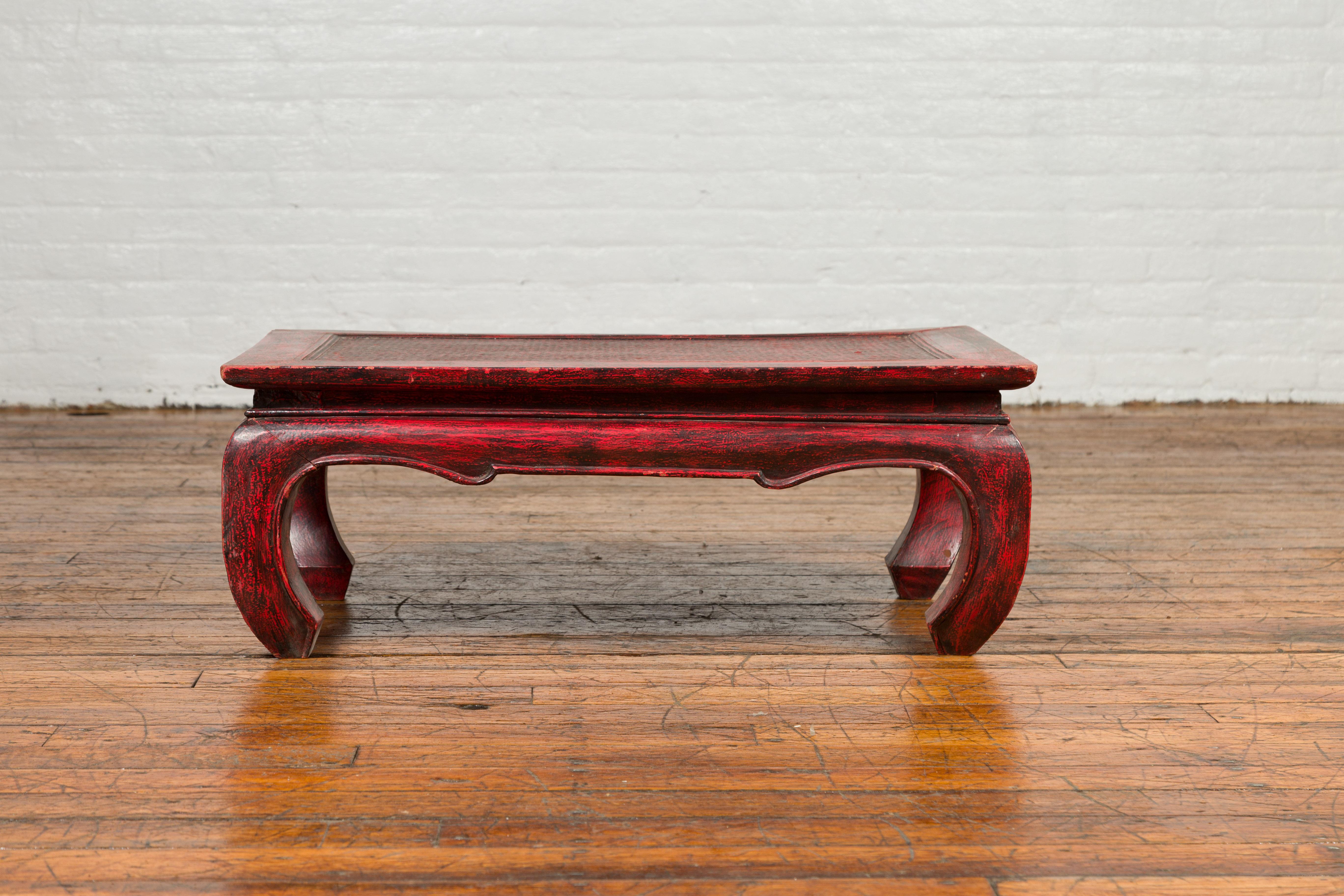 Vintage Thai Red Lacquer Waisted Coffee Table with Rattan Inset and Chow Legs 1