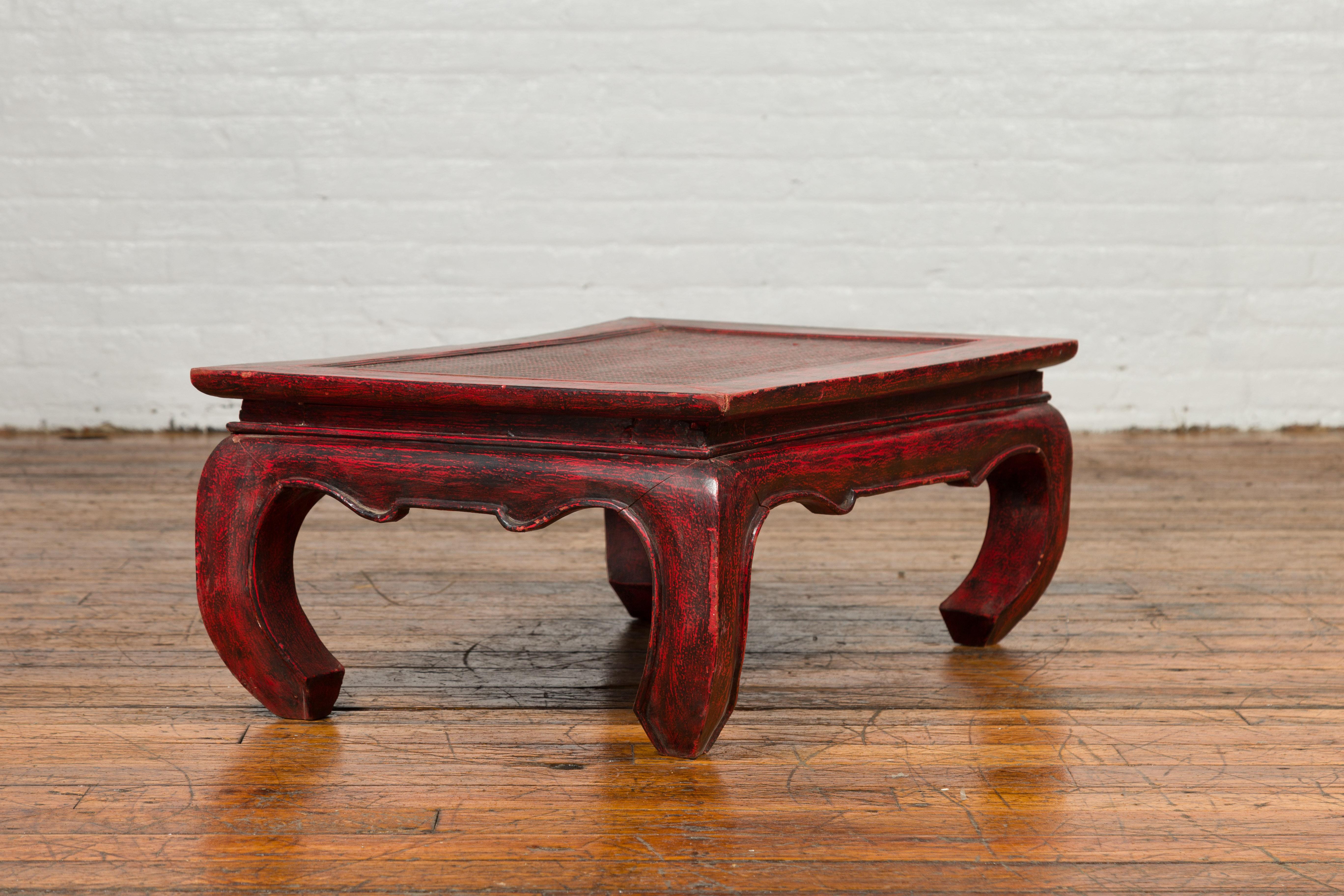 Vintage Thai Red Lacquer Waisted Coffee Table with Rattan Inset and Chow Legs For Sale 1