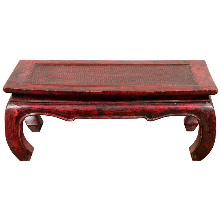 Vintage Thai Red Lacquer Waisted Coffee Table with Rattan Inset and Chow Legs For Sale