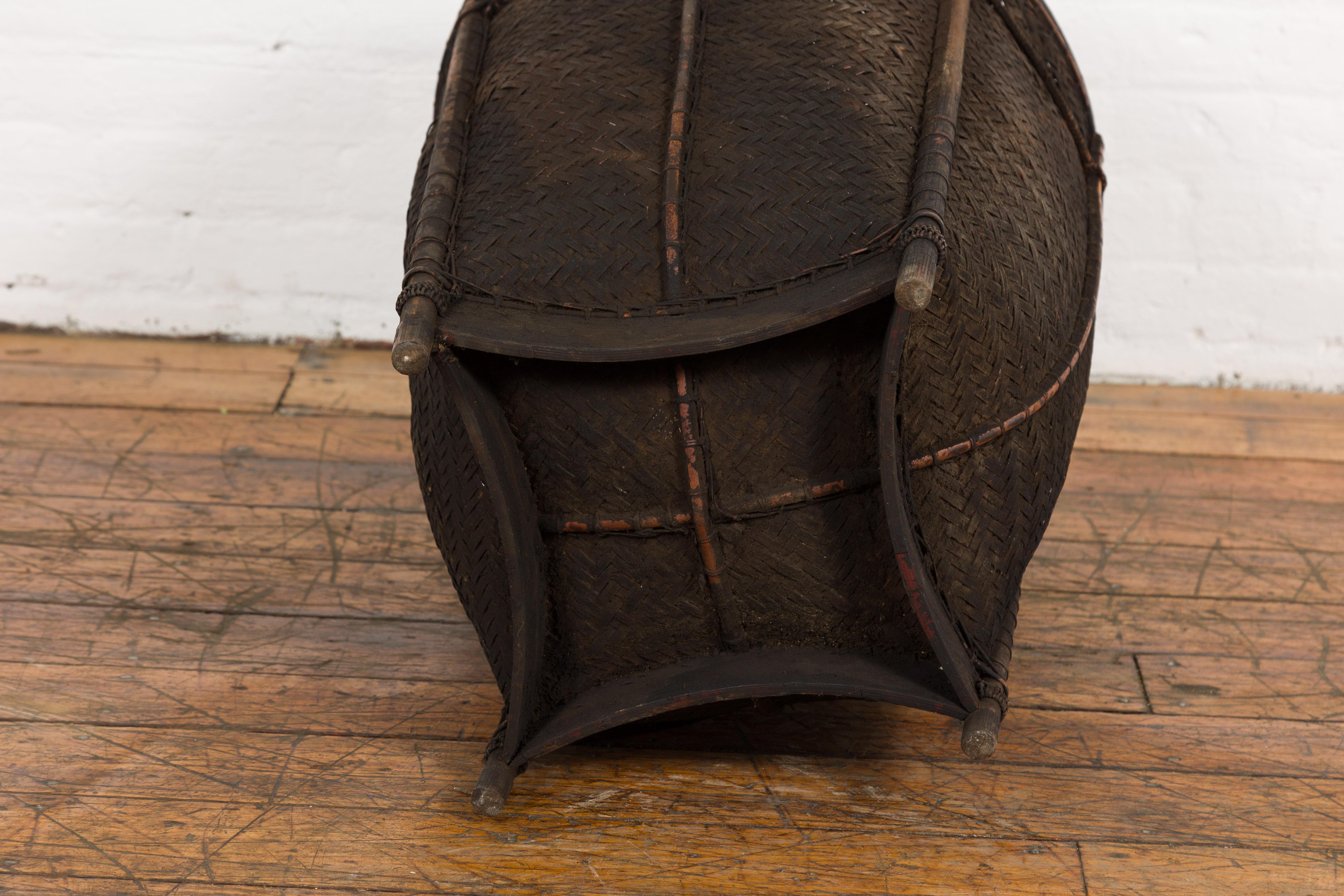 Vintage Thai Rustic Dark Brown Woven Rattan Farmer's Basket with Tapering Lines 9
