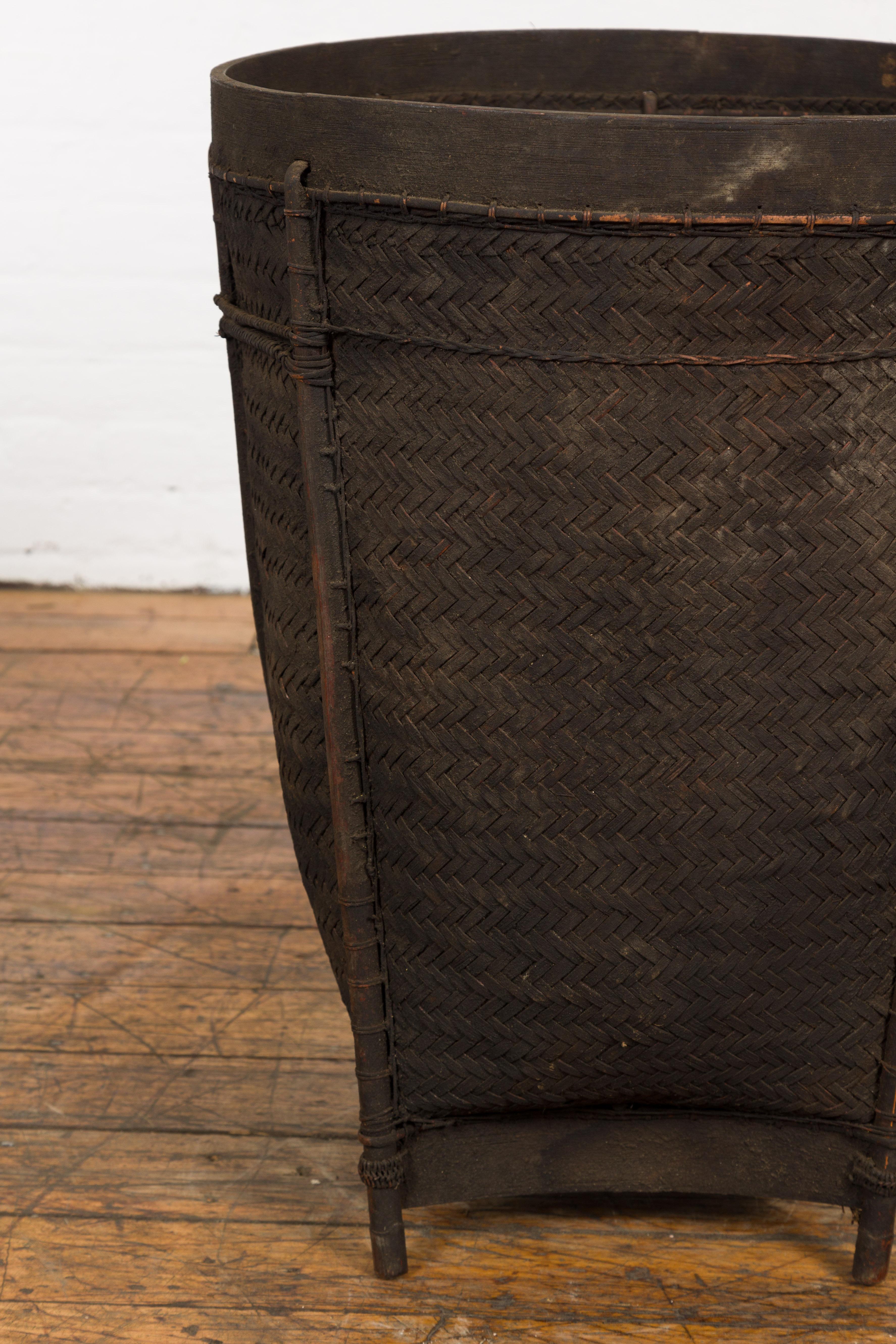 Vintage Thai Rustic Dark Brown Woven Rattan Farmer's Basket with Tapering Lines 2