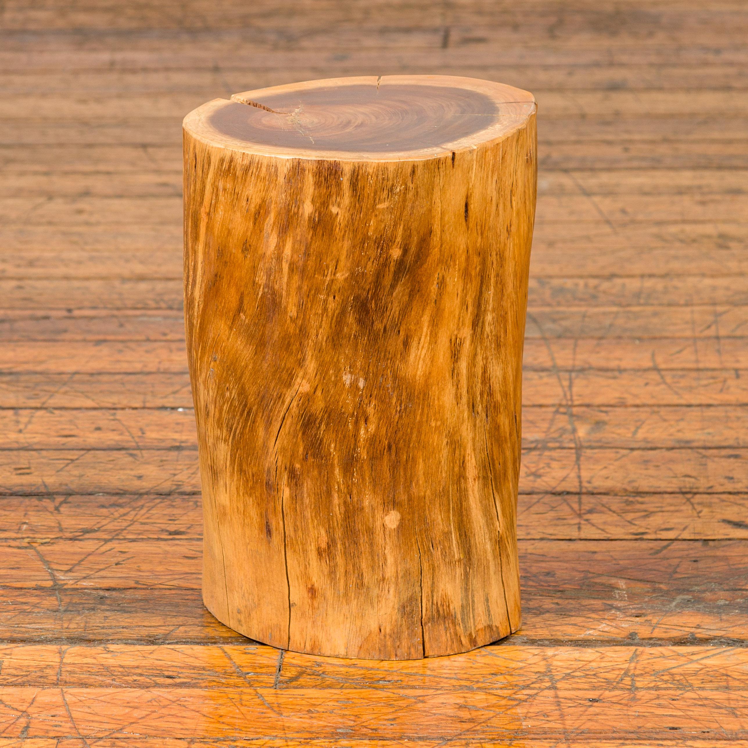 A rustic Thai vintage tree stump that can be used as a stool, pedestal or drinks table. This vintage Thai tree stump offers an authentic rustic charm that is both functional and decorative. Crafted from a single, solid piece of wood, this piece