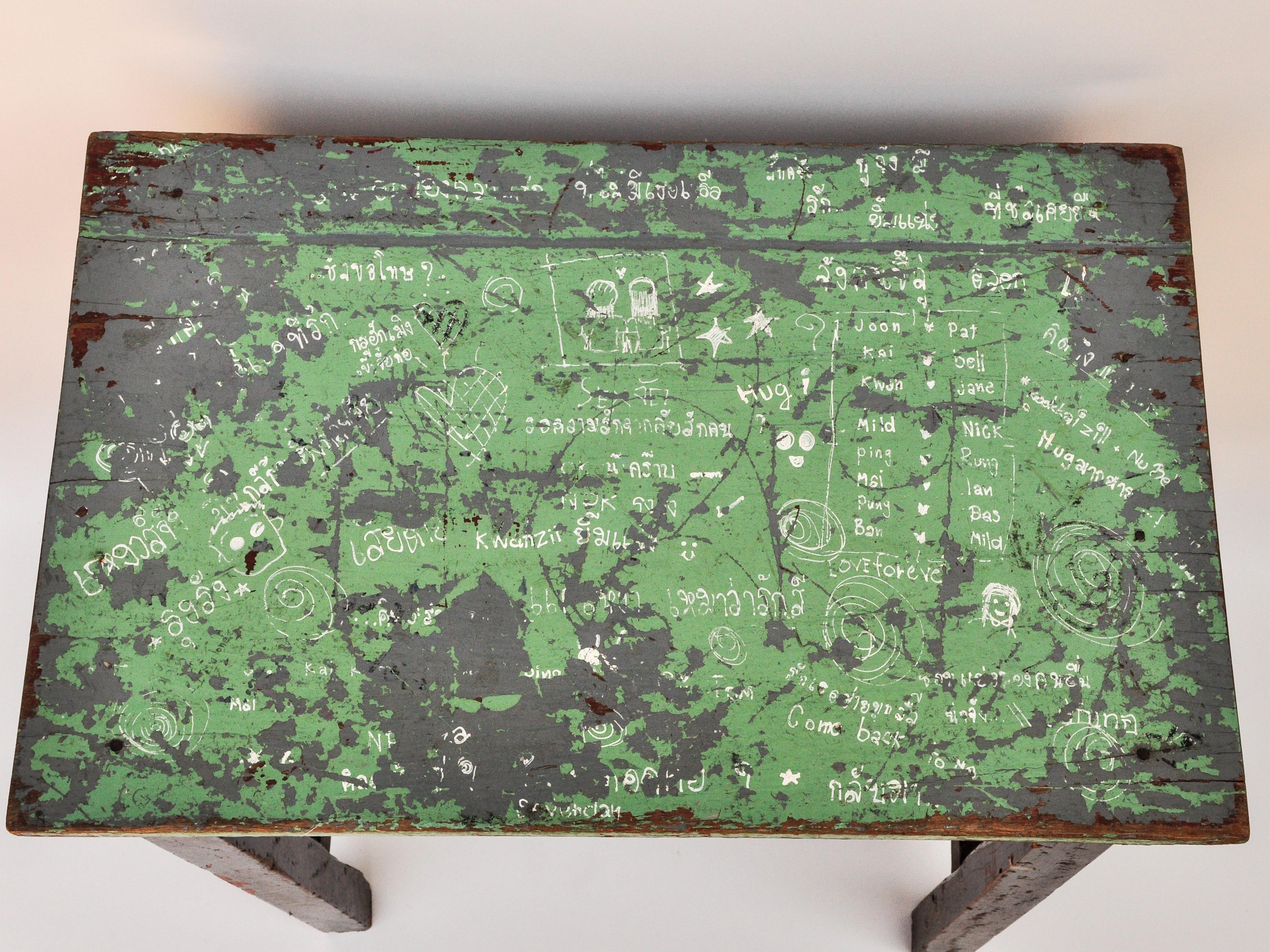 Hand-Crafted Vintage Thai School Desk with Painted Desktop, North Thailand, Mid-20th Century