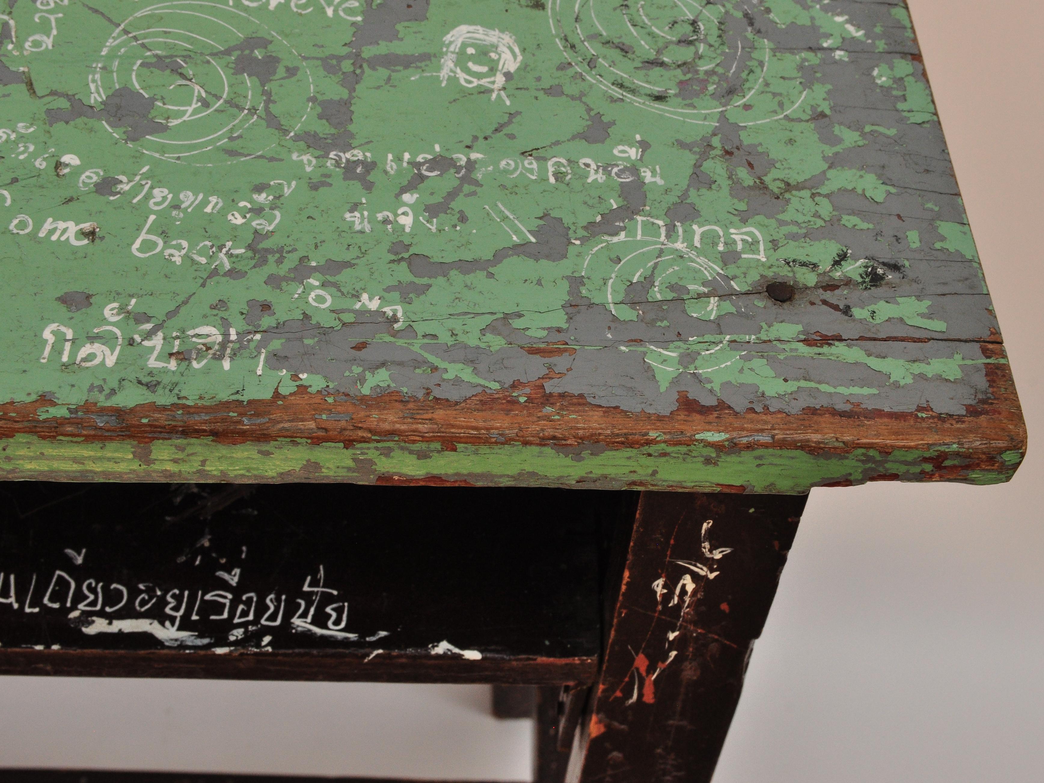 Vintage Thai School Desk with Painted Desktop, North Thailand, Mid-20th Century In Good Condition In Point Richmond, CA