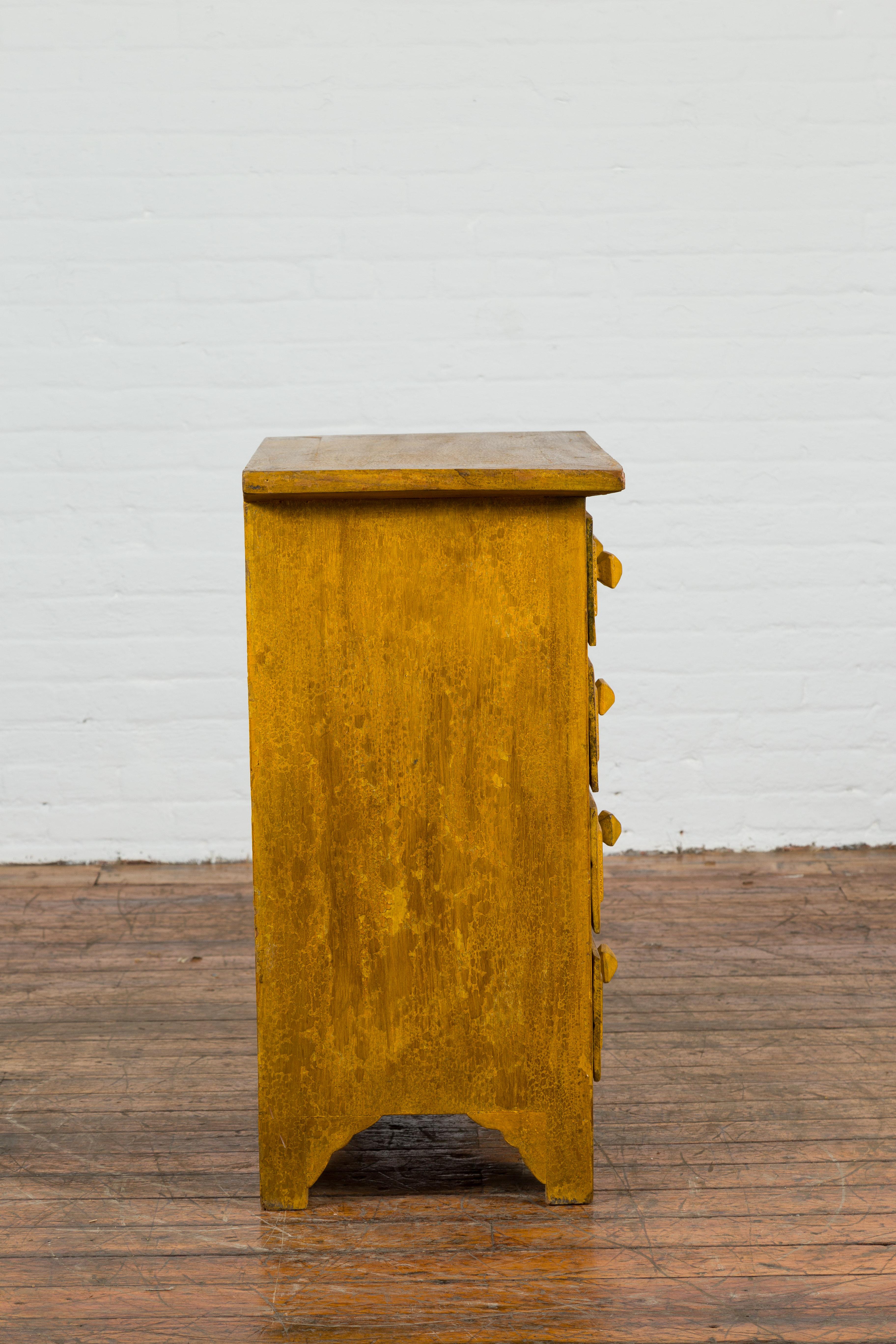Vintage Thai Side Chest with Mustard Glaze, Five Drawers and Distressed Patina For Sale 3