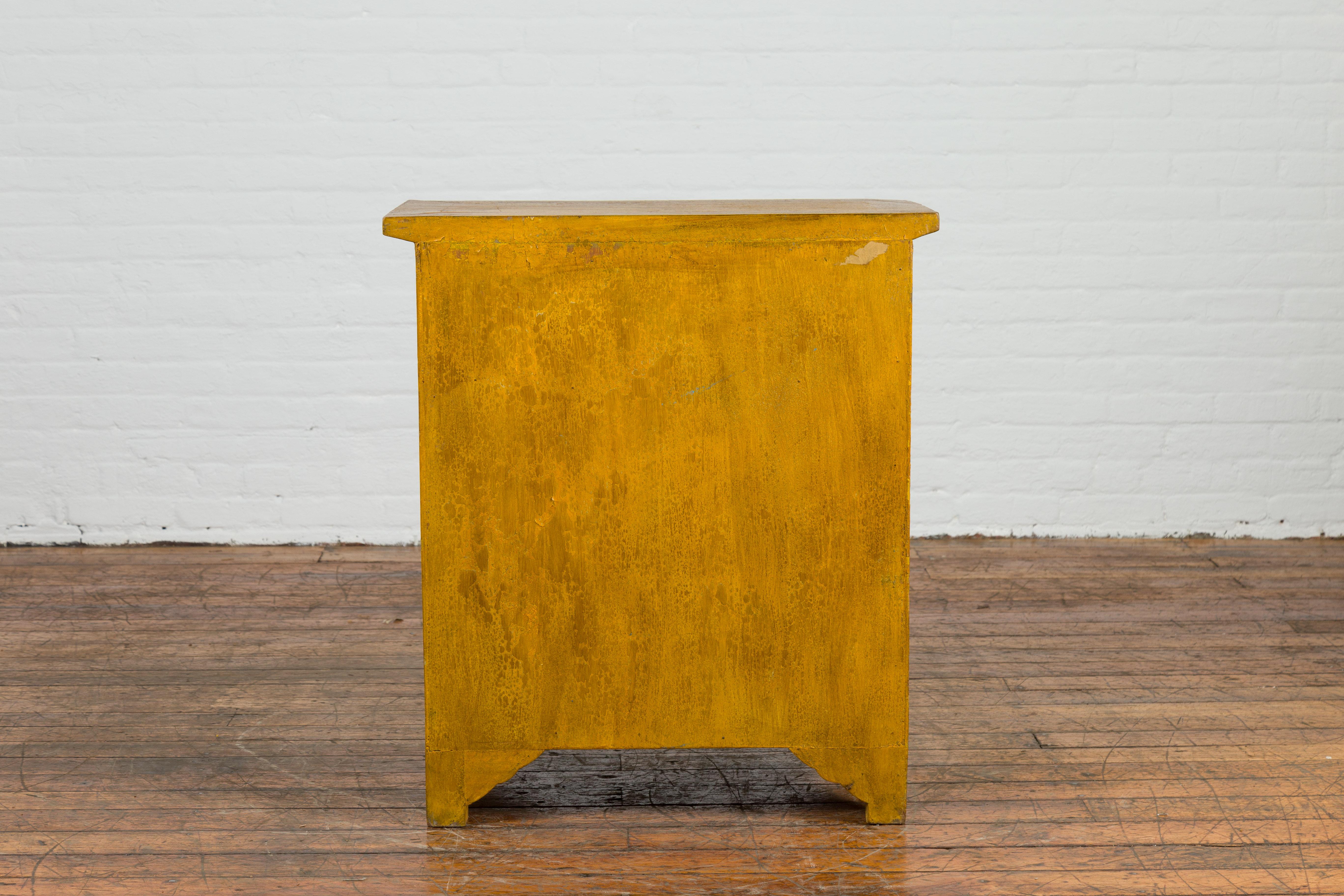 Vintage Thai Side Chest with Mustard Glaze, Five Drawers and Distressed Patina For Sale 5