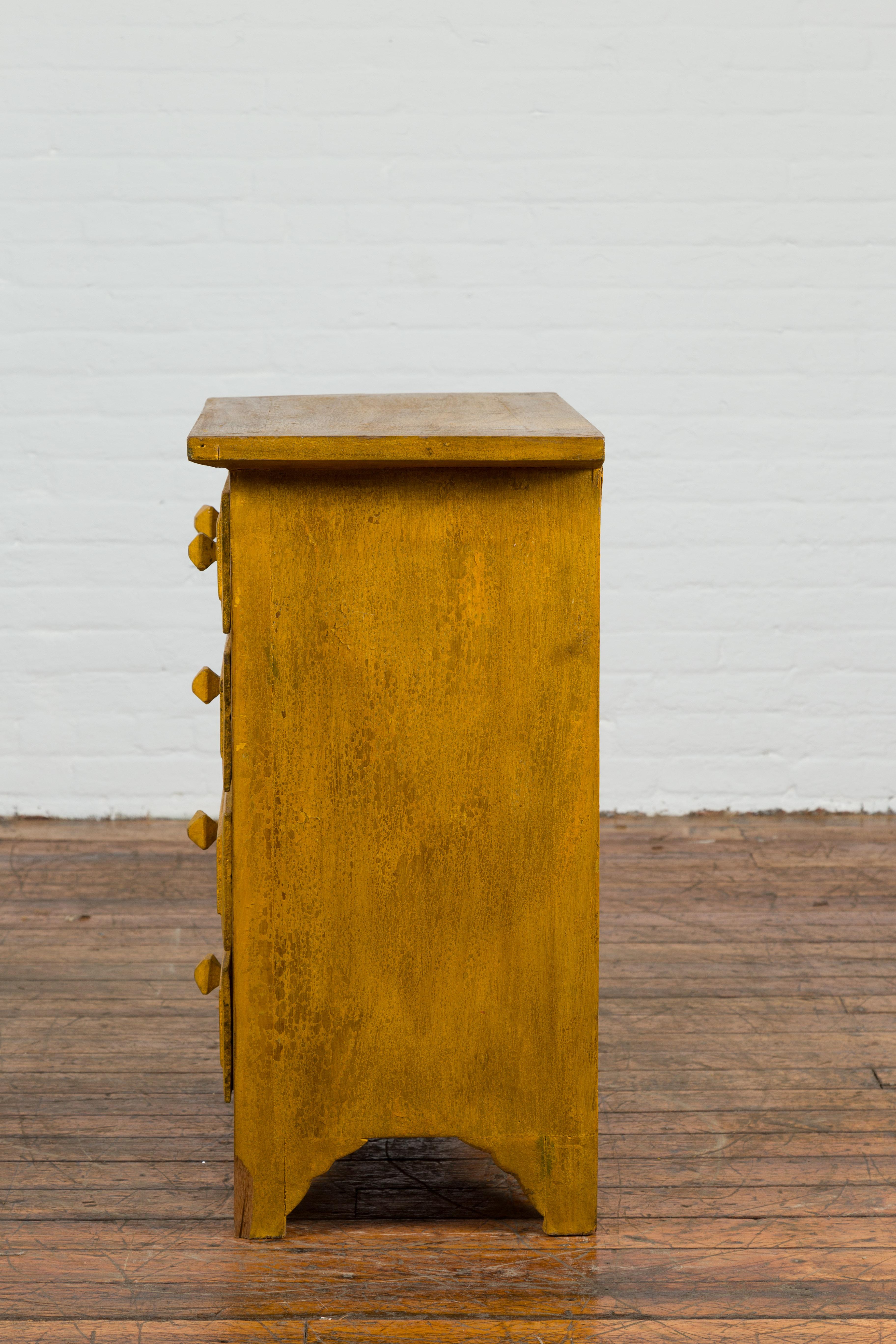 Vintage Thai Side Chest with Mustard Glaze, Five Drawers and Distressed Patina For Sale 6