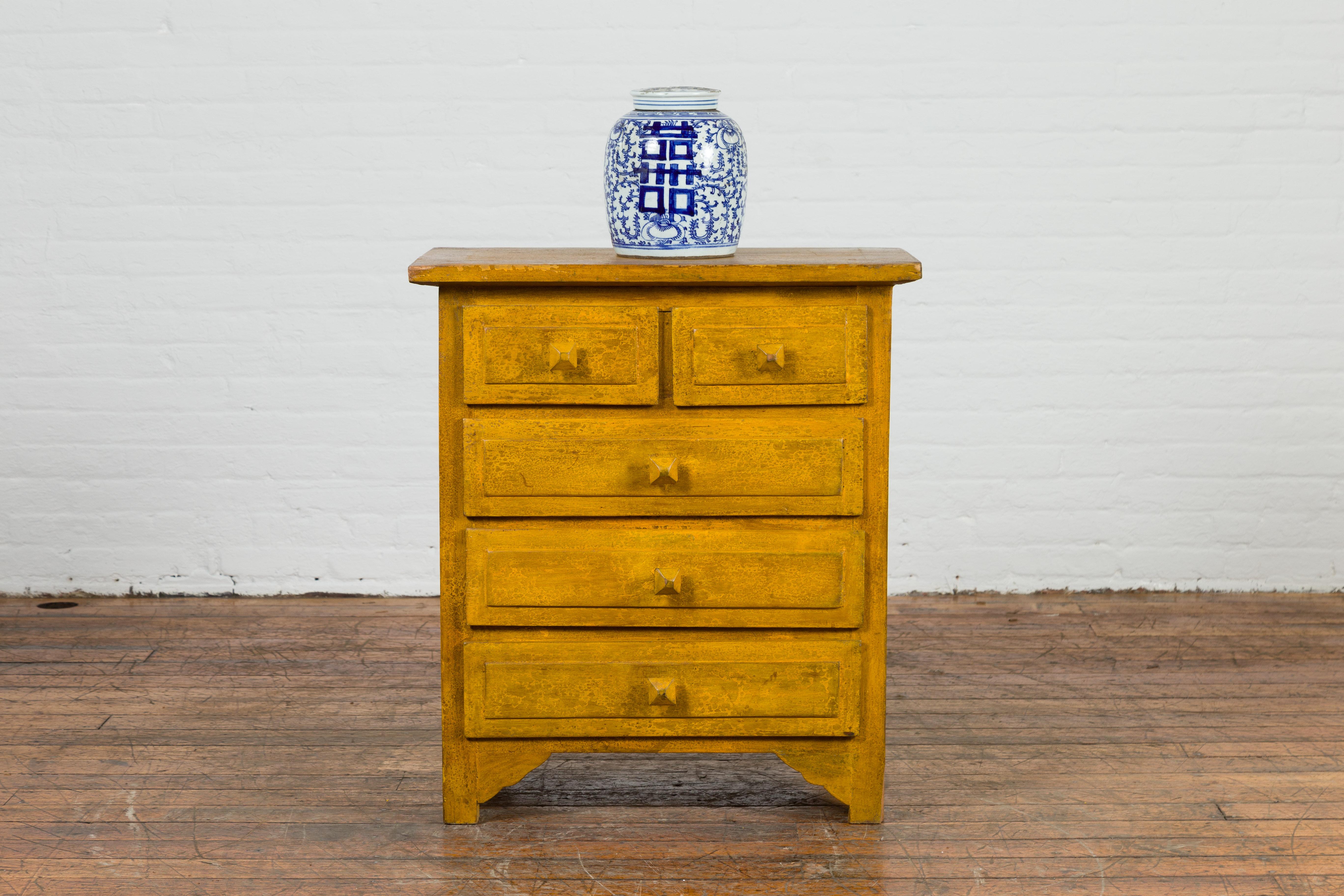 Glazed Vintage Thai Side Chest with Mustard Glaze, Five Drawers and Distressed Patina For Sale