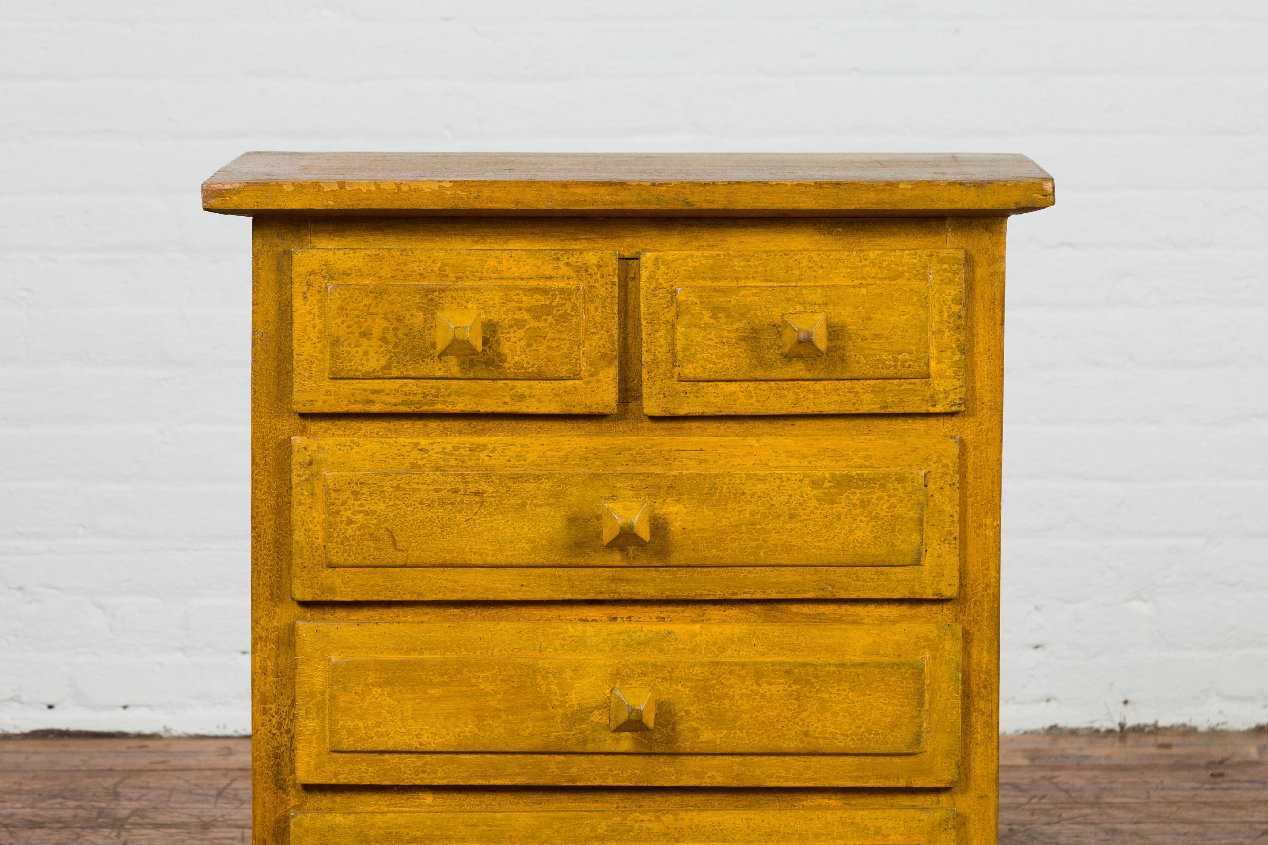 Vintage Thai Side Chest with Mustard Glaze, Five Drawers and Distressed Patina In Good Condition For Sale In Yonkers, NY