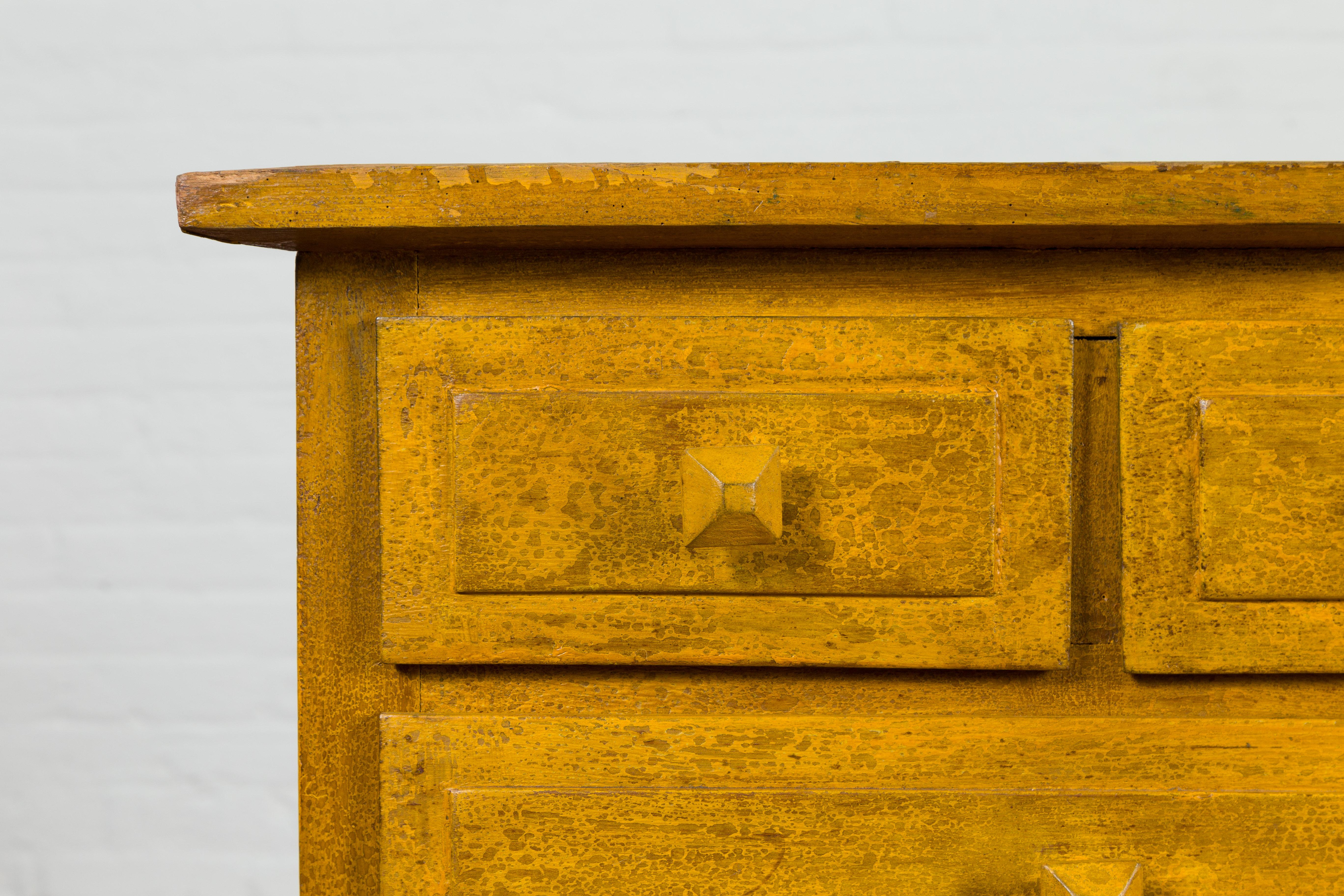20th Century Vintage Thai Side Chest with Mustard Glaze, Five Drawers and Distressed Patina For Sale