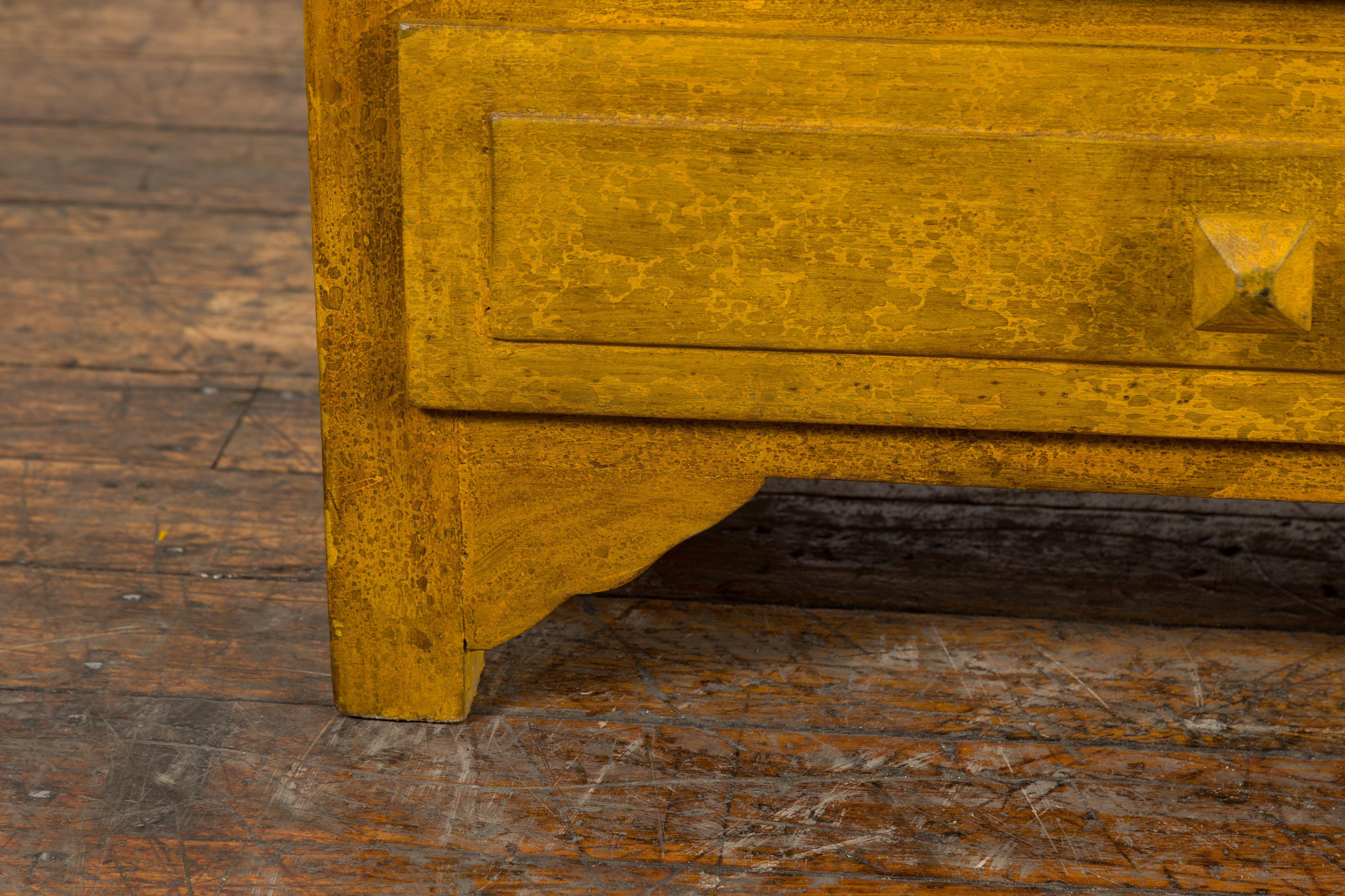 Wood Vintage Thai Side Chest with Mustard Glaze, Five Drawers and Distressed Patina For Sale