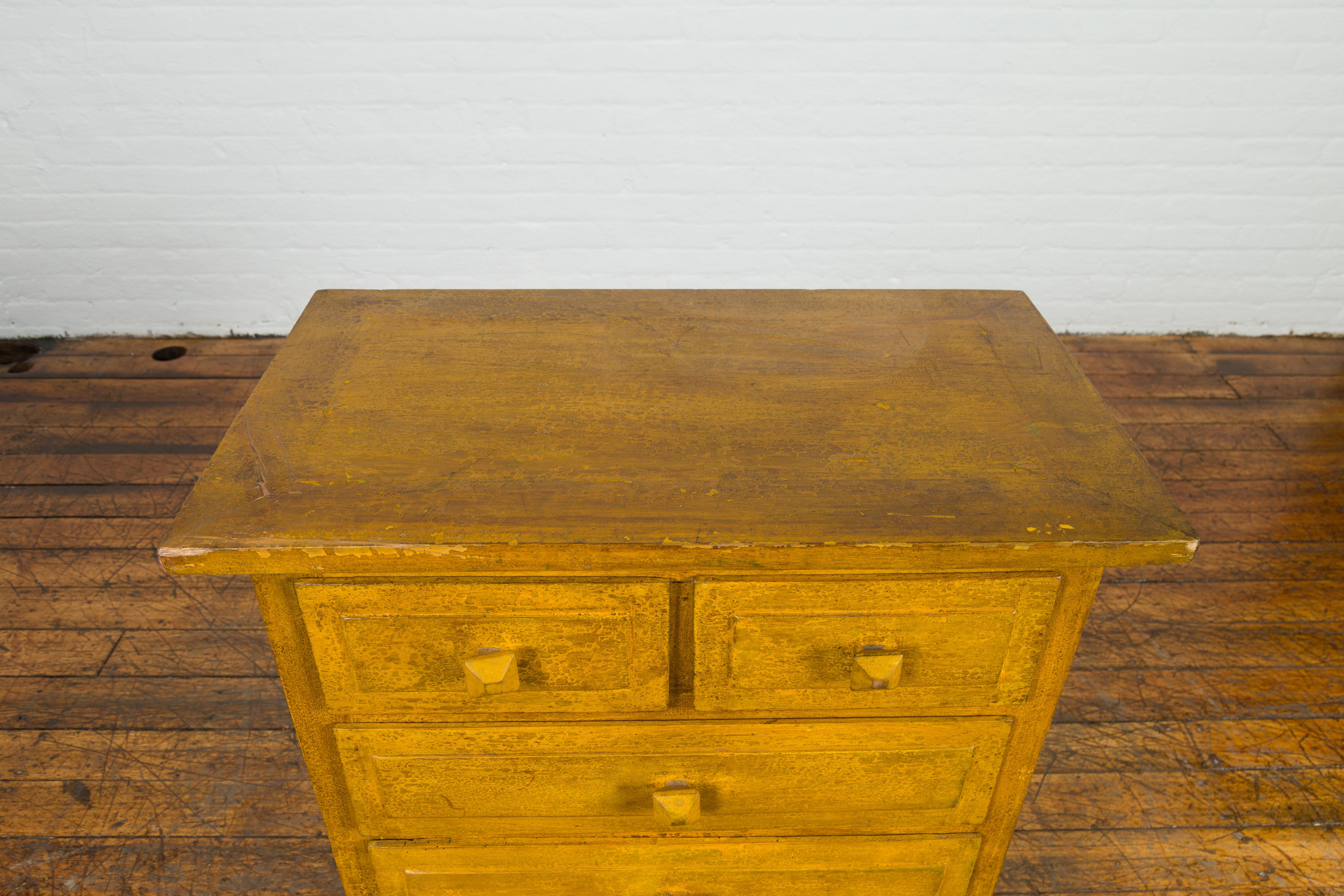 Vintage Thai Side Chest with Mustard Glaze, Five Drawers and Distressed Patina For Sale 1
