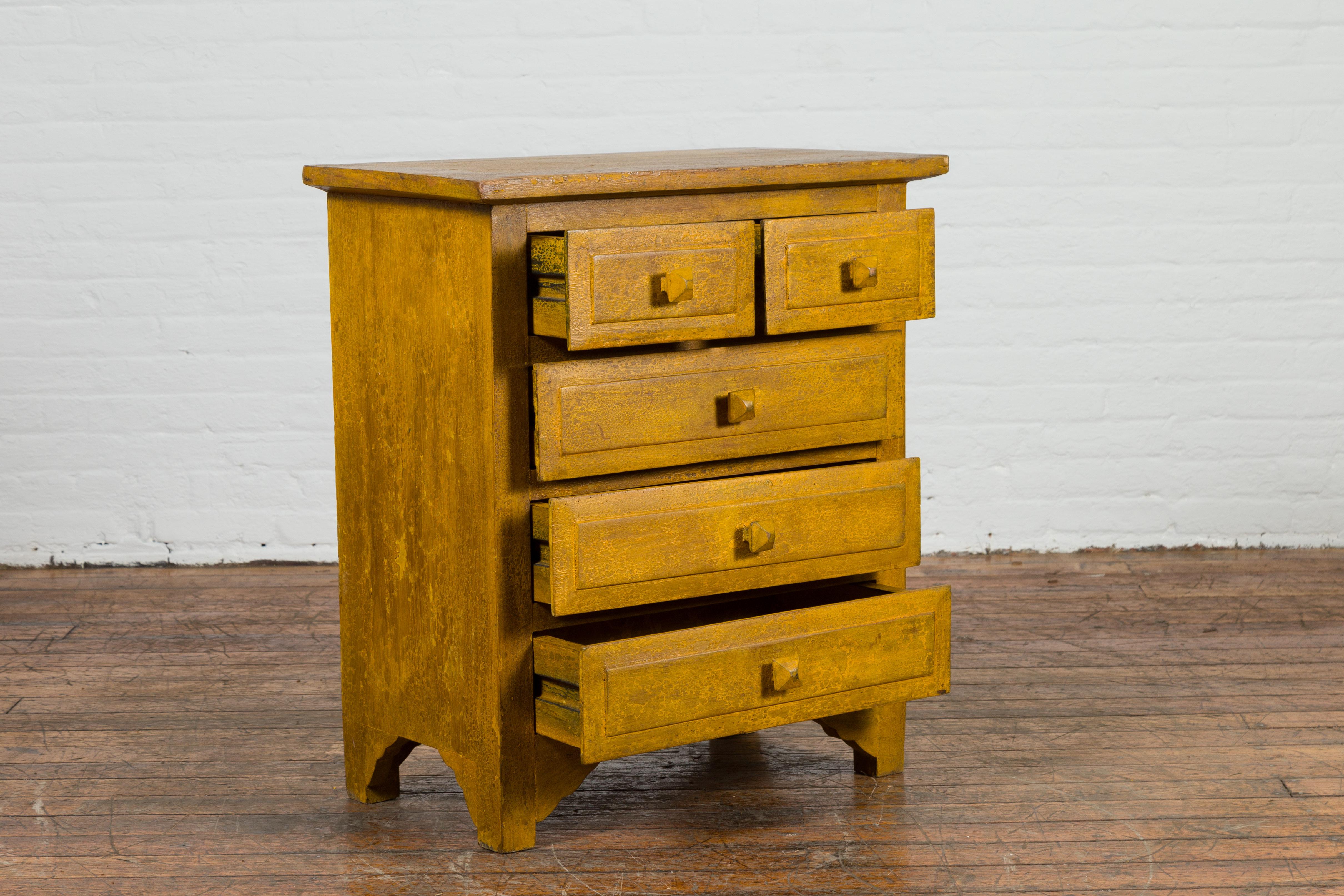 Vintage Thai Side Chest with Mustard Glaze, Five Drawers and Distressed Patina For Sale 2