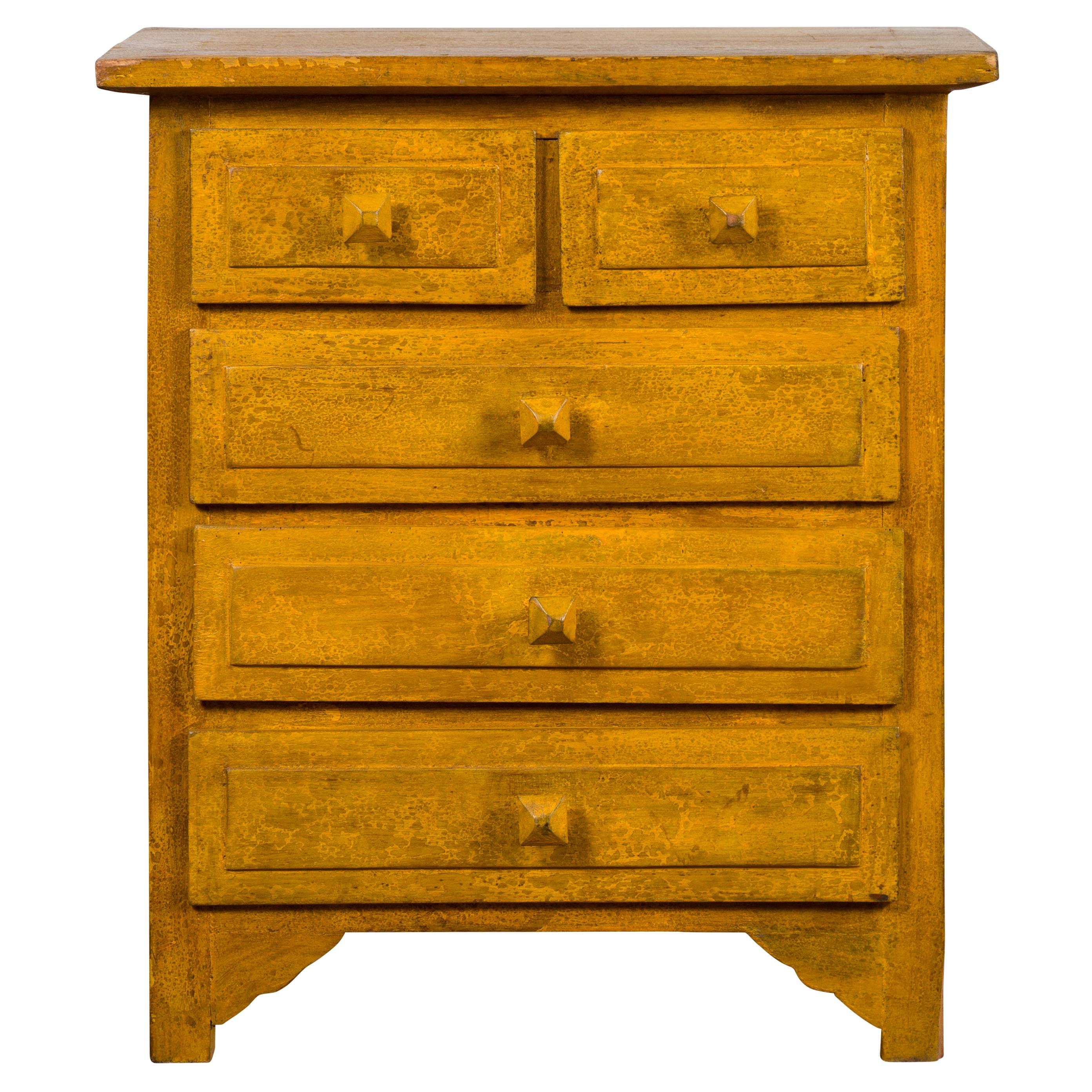Vintage Thai Side Chest with Mustard Glaze, Five Drawers and Distressed Patina For Sale
