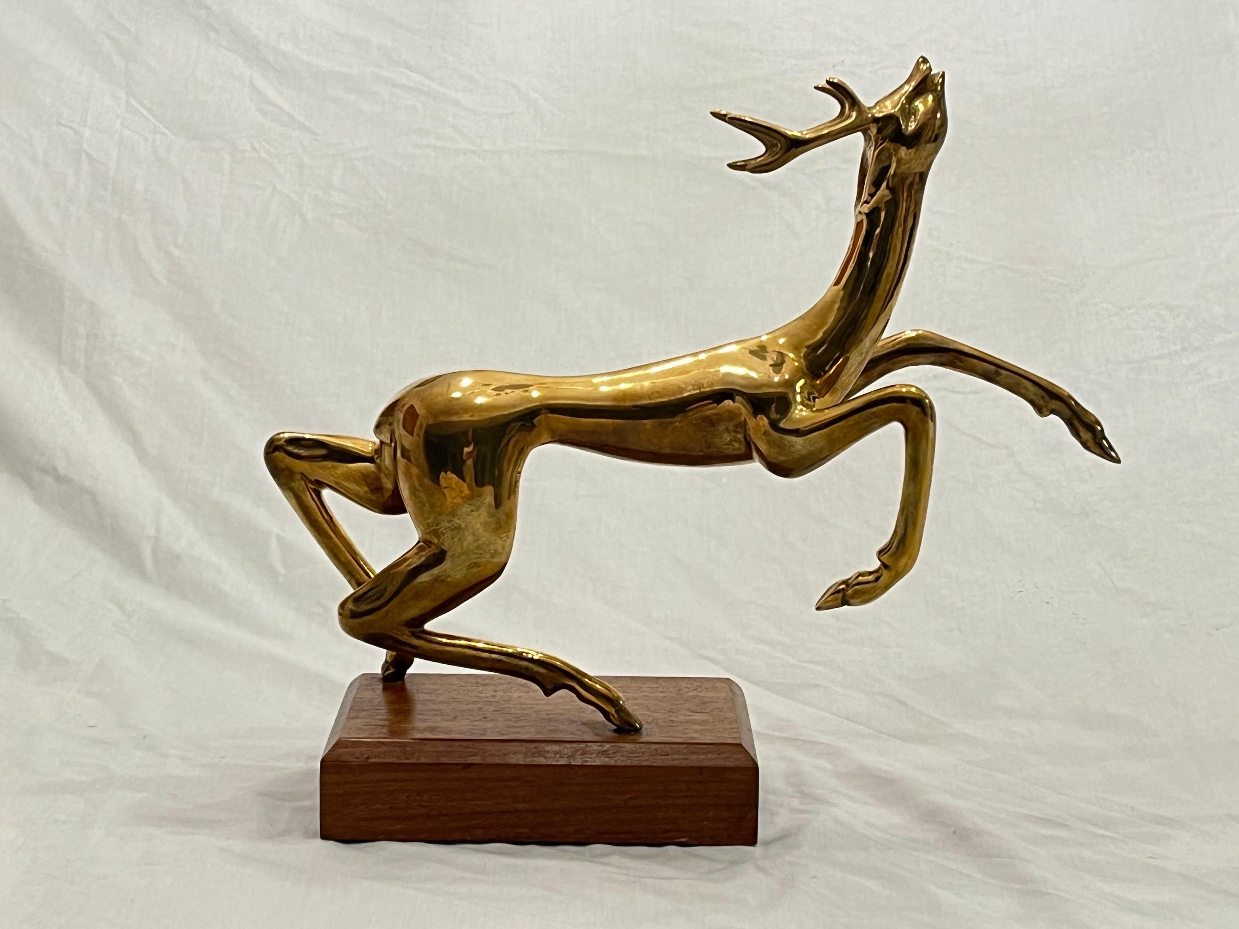 Mid-Century Modern Vintage Thai Somchai Hattakitkosol Signed Solid Bronze Sculpture of Leaping Deer For Sale