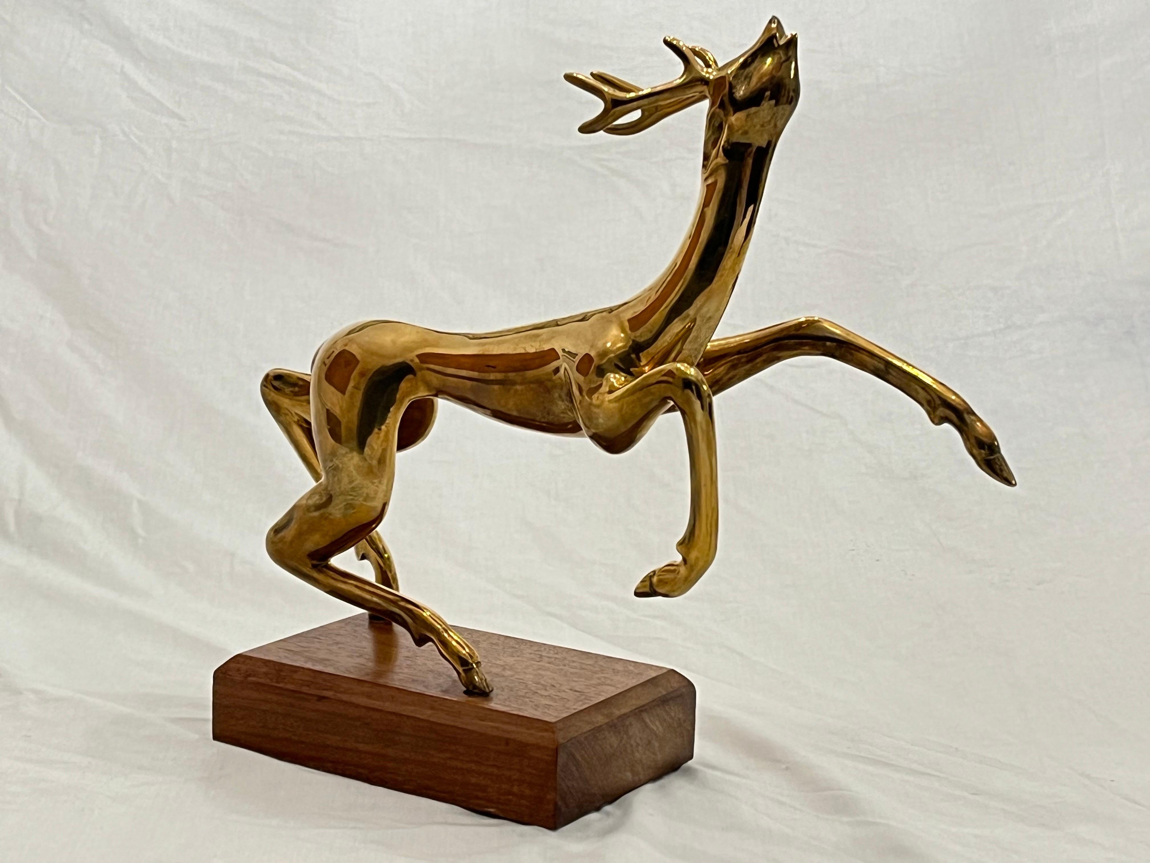 Vintage Thai Somchai Hattakitkosol Signed Solid Bronze Sculpture of Leaping Deer In Good Condition For Sale In Atlanta, GA