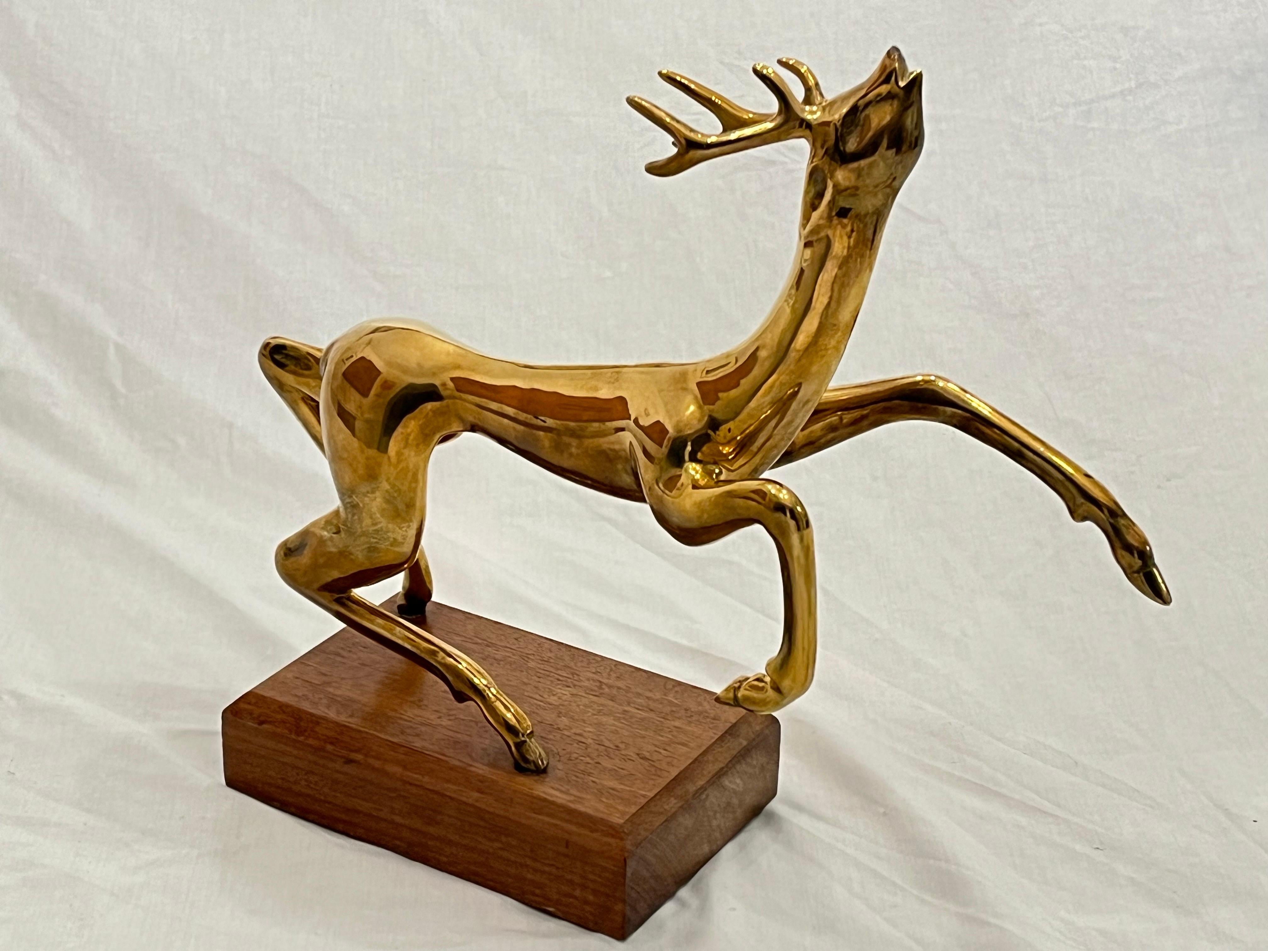 20th Century Vintage Thai Somchai Hattakitkosol Signed Solid Bronze Sculpture of Leaping Deer For Sale