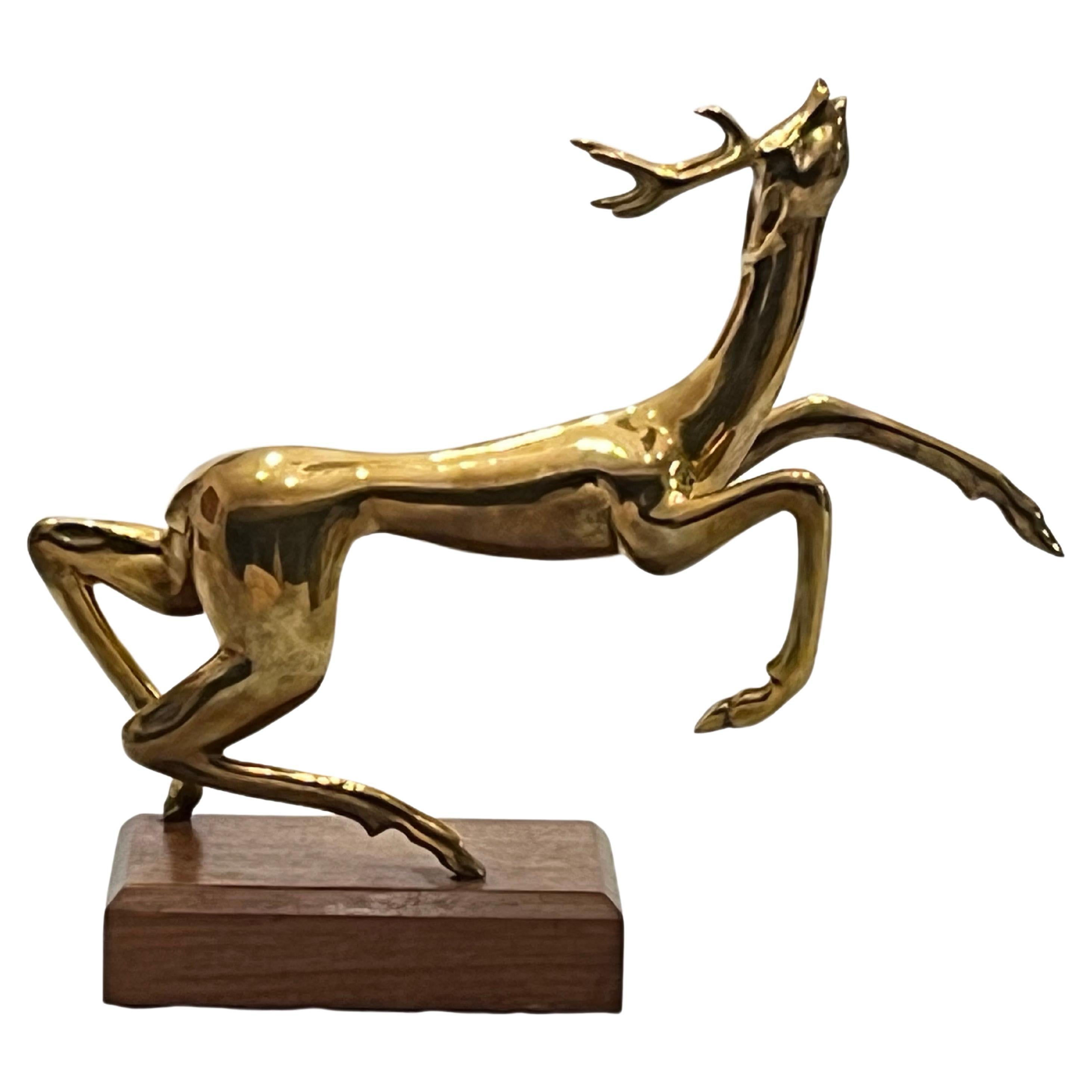 Vintage Thai Somchai Hattakitkosol Signed Solid Bronze Sculpture of Leaping Deer For Sale
