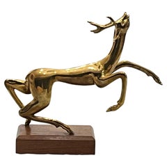Vintage Thai Somchai Hattakitkosol Signed Solid Bronze Sculpture of Leaping Deer