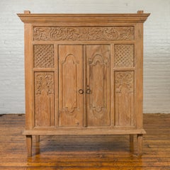 Vintage Thai Teak Cabinet with Carved Floral Decor, Two Doors and Tapered Legs