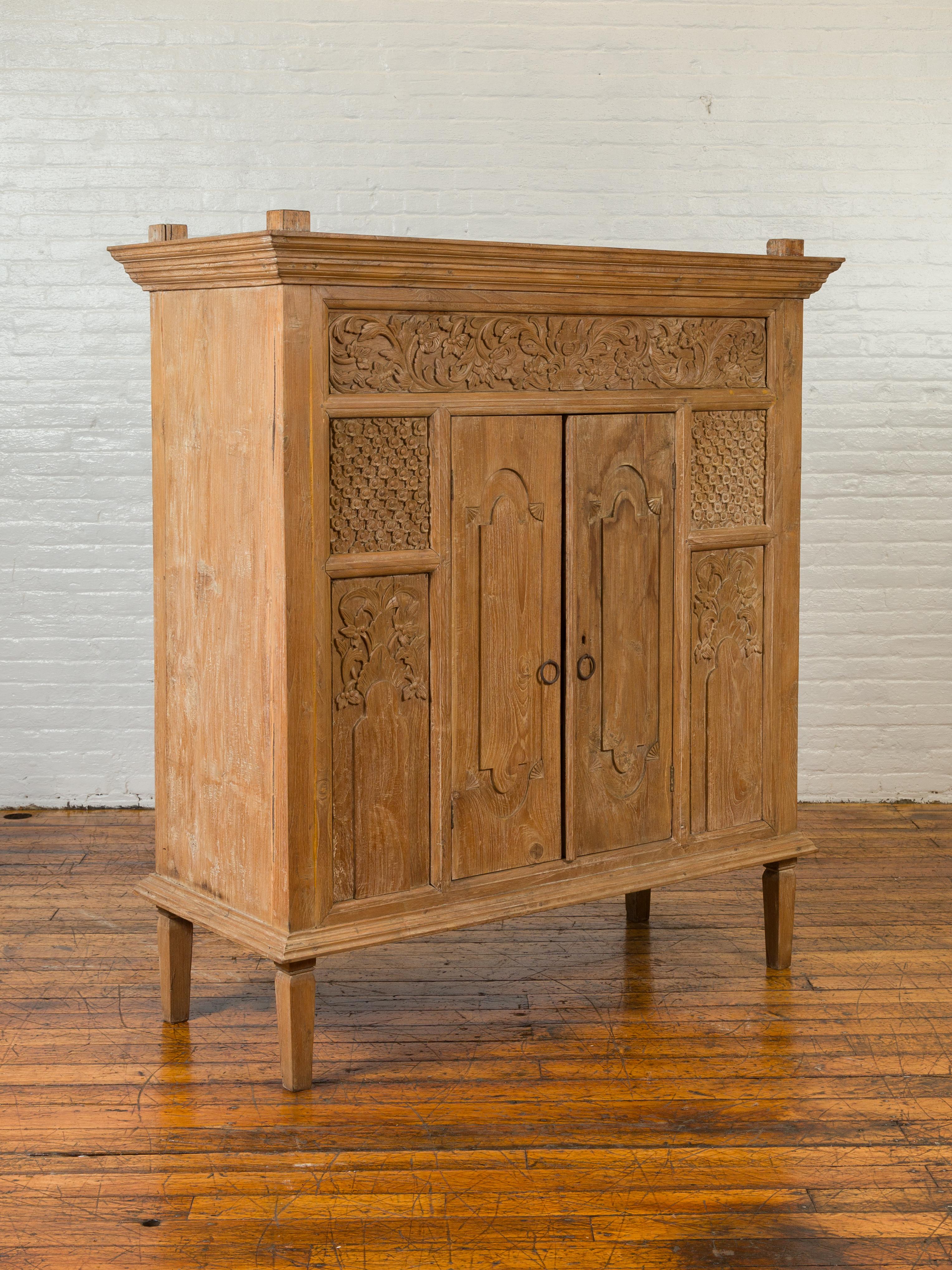 Vintage Thai Teak Cabinet with Carved Floral Decor, Two Doors and Tapered Legs In Good Condition In Yonkers, NY