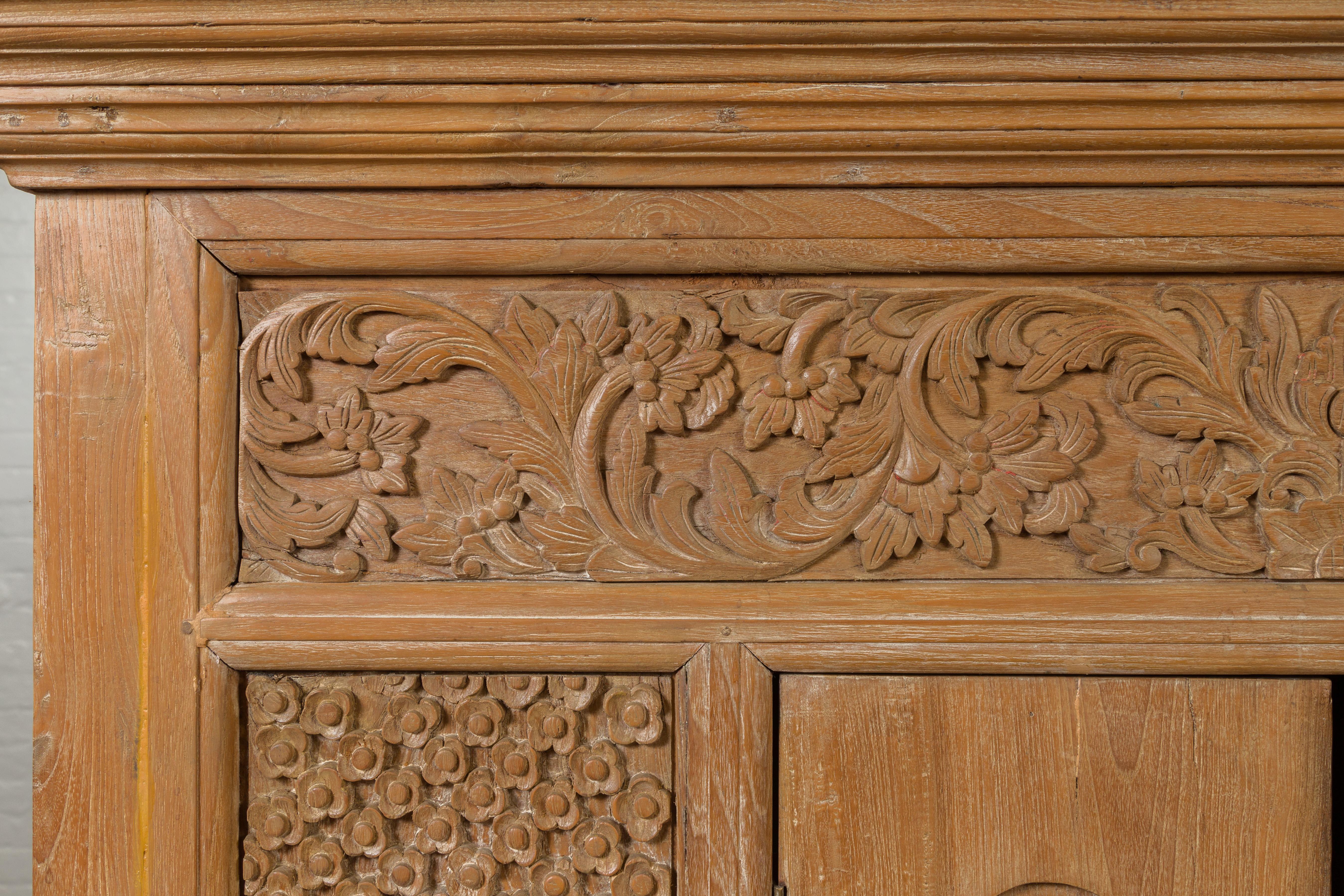 20th Century Vintage Thai Teak Cabinet with Carved Floral Decor, Two Doors and Tapered Legs
