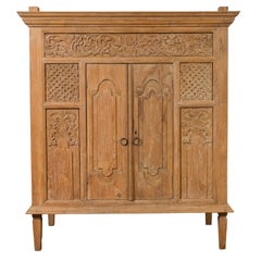 Vintage Thai Teak Cabinet with Carved Floral Decor, Two Doors and Tapered Legs