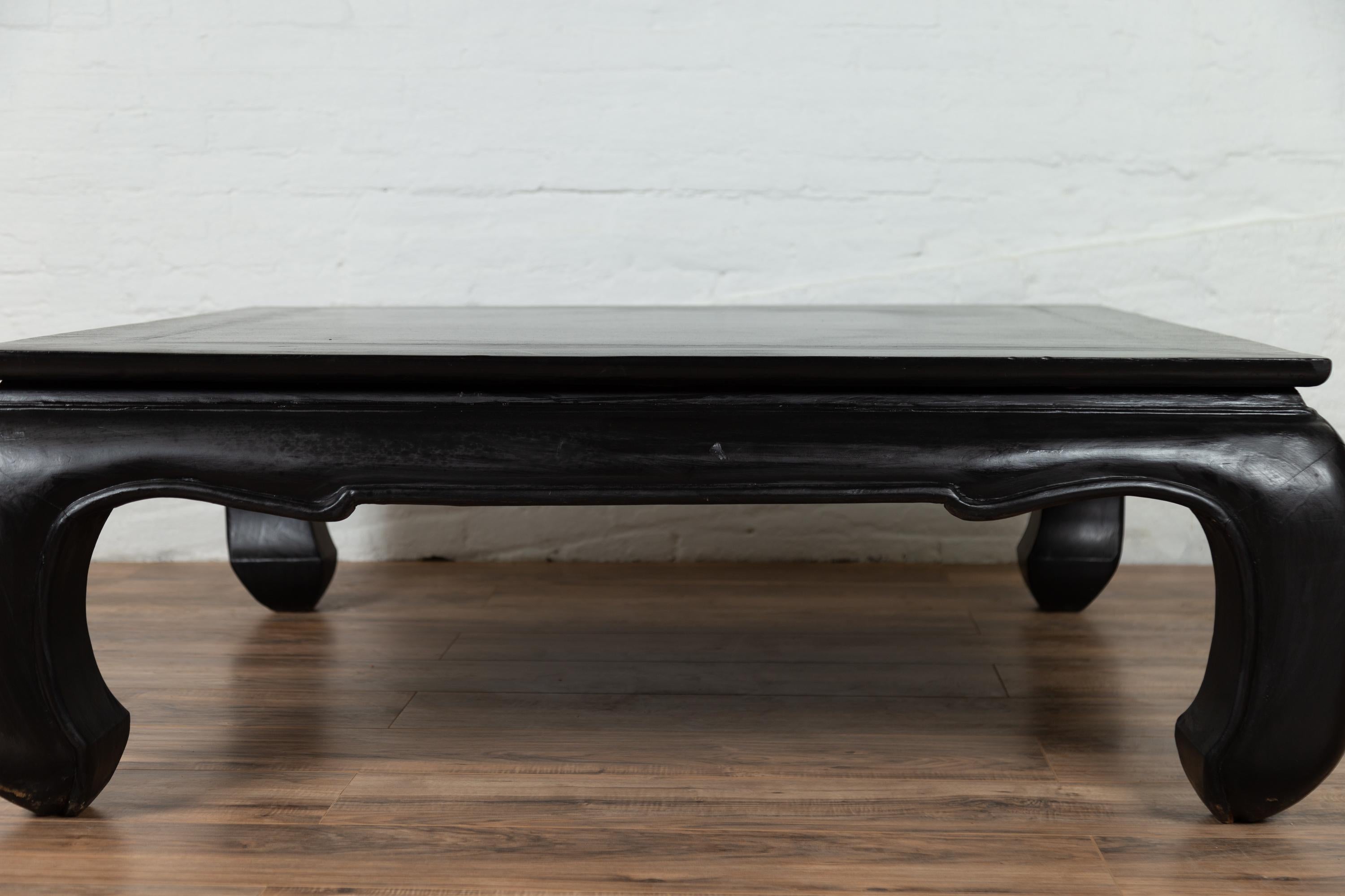 20th Century Vintage Thai Teak Coffee Table with Bulging Chow Legs and Black Lacquer