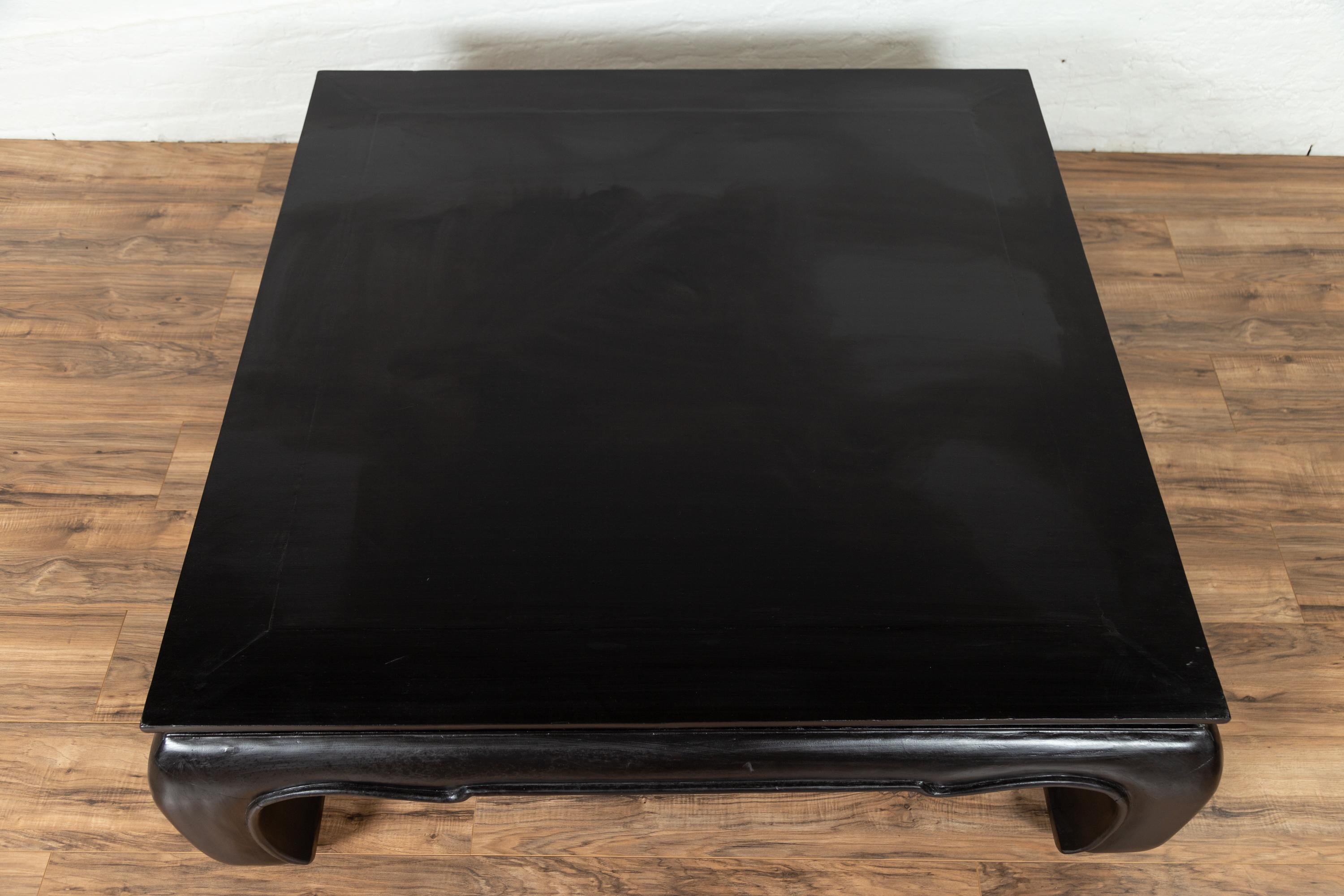 Vintage Thai Teak Coffee Table with Bulging Chow Legs and Black Lacquer 1
